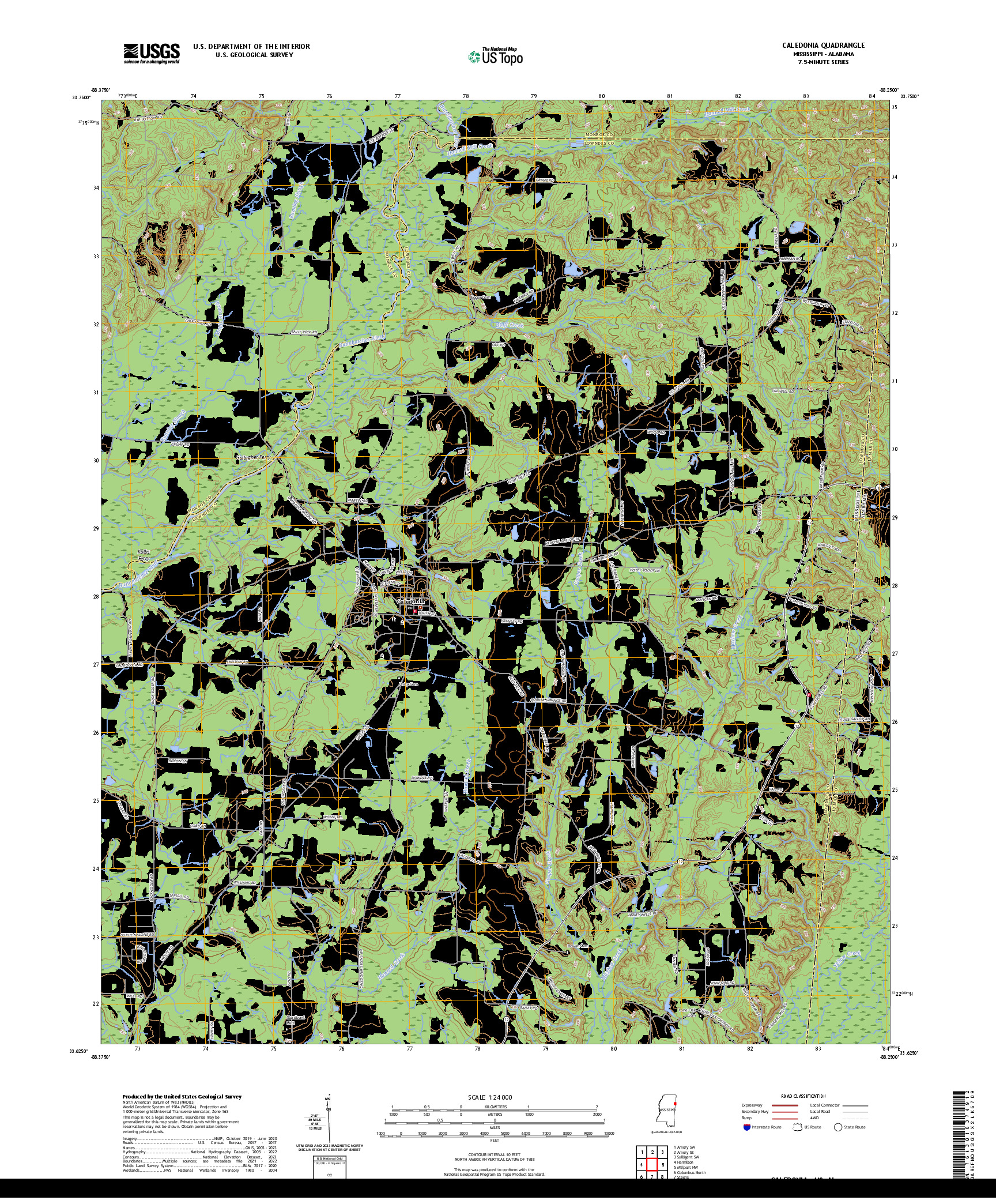 US TOPO 7.5-MINUTE MAP FOR CALEDONIA, MS,AL