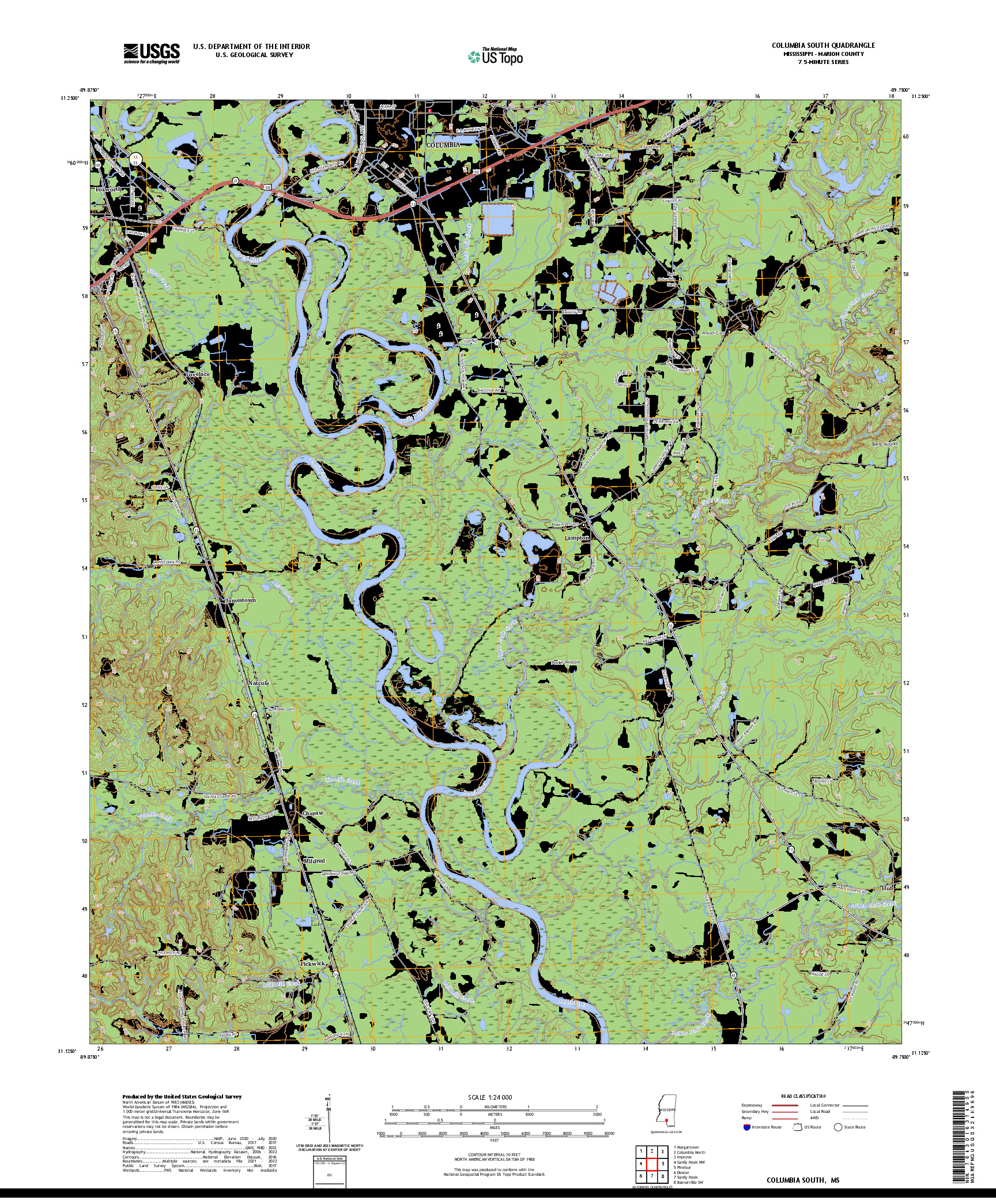 US TOPO 7.5-MINUTE MAP FOR COLUMBIA SOUTH, MS