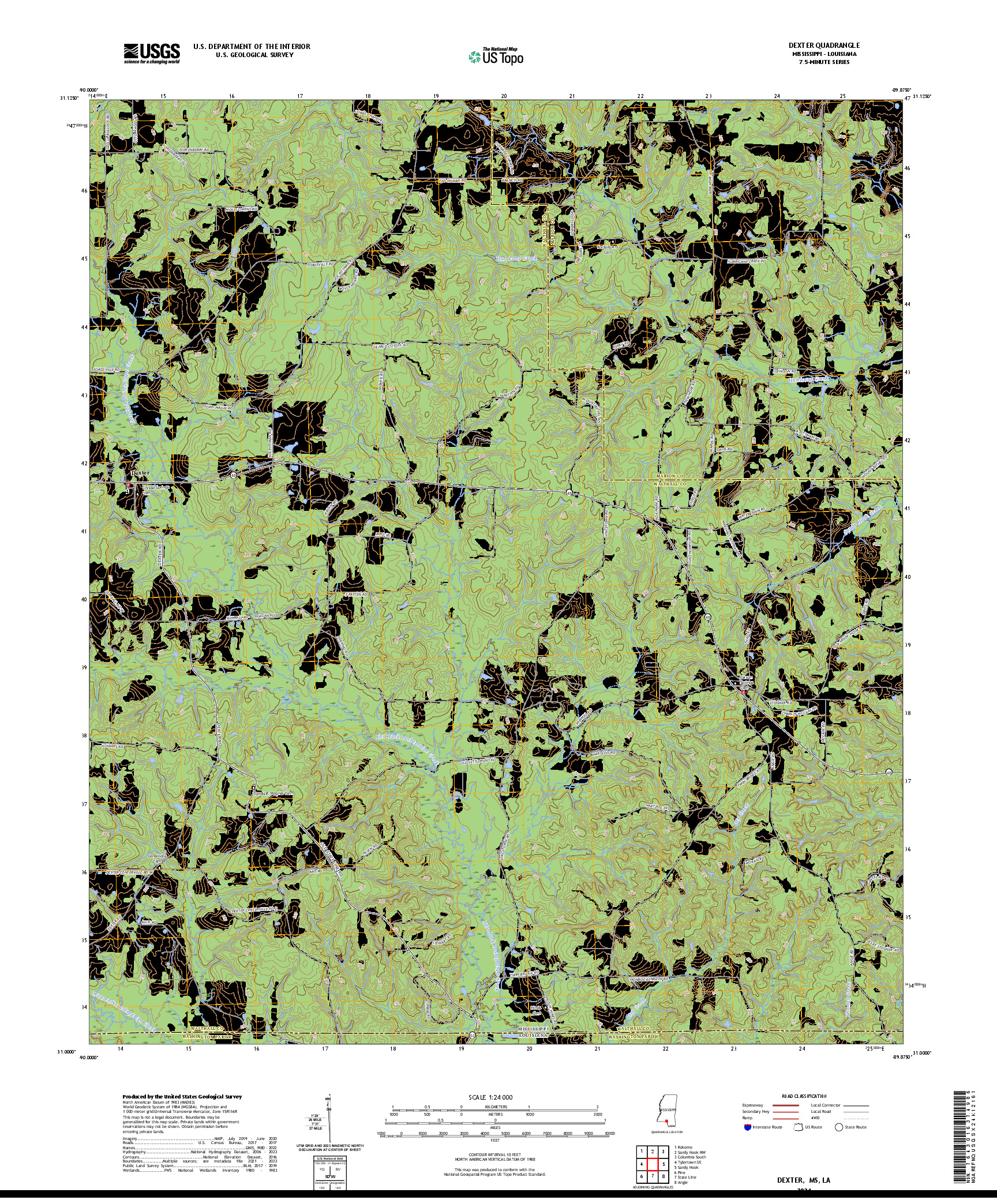 US TOPO 7.5-MINUTE MAP FOR DEXTER, MS,LA
