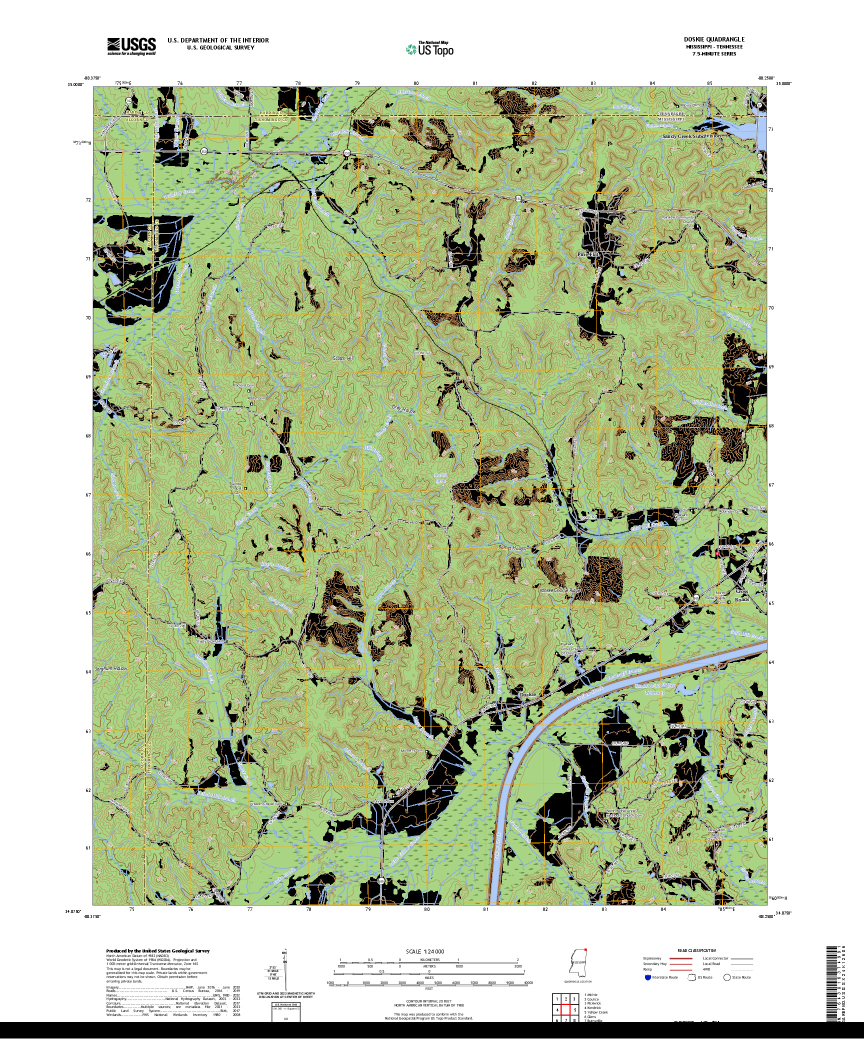 US TOPO 7.5-MINUTE MAP FOR DOSKIE, MS,TN