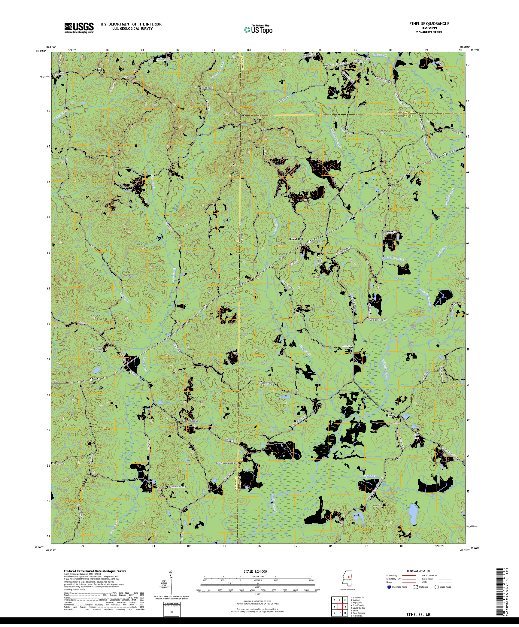 US TOPO 7.5-MINUTE MAP FOR ETHEL SE, MS