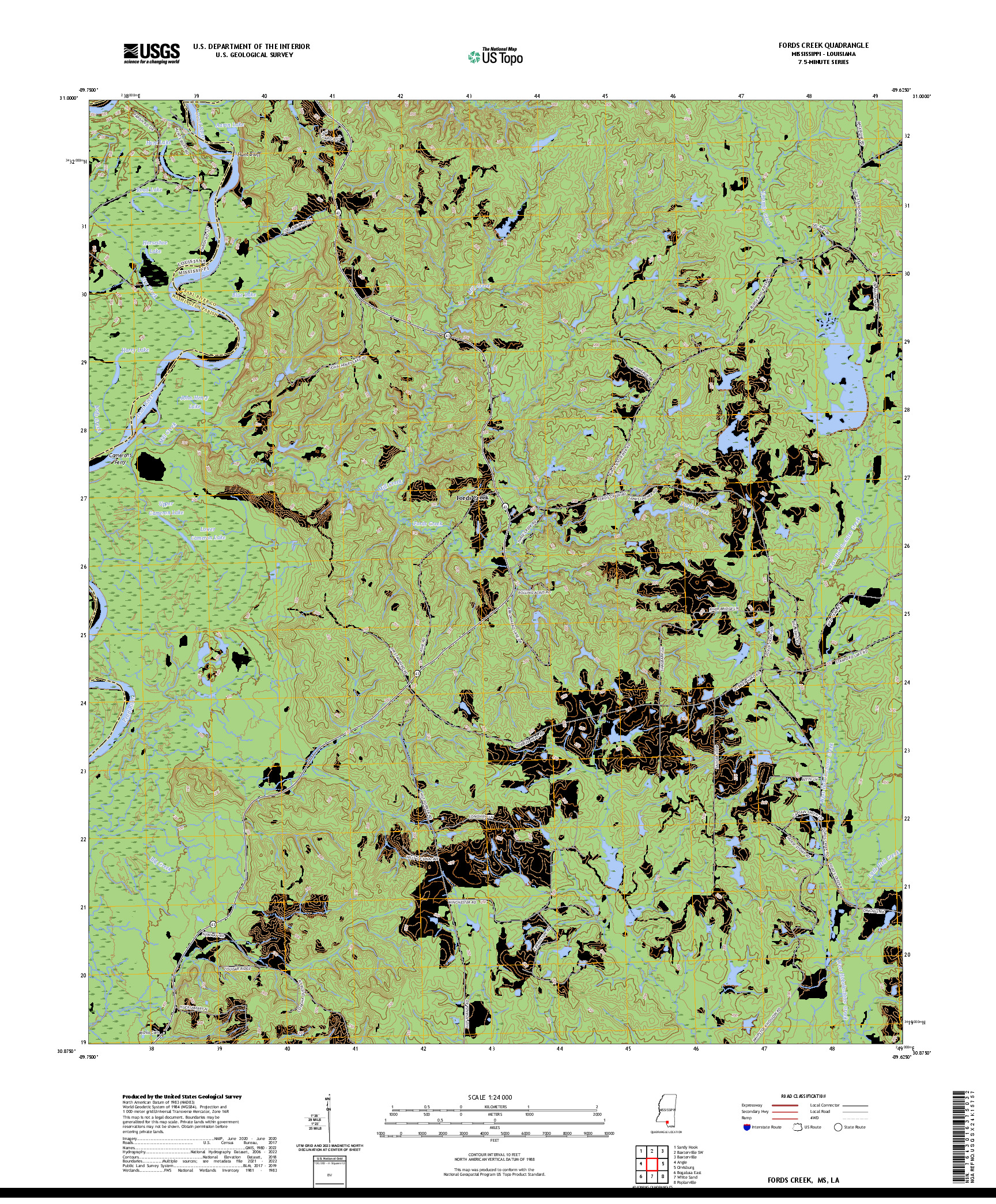 US TOPO 7.5-MINUTE MAP FOR FORDS CREEK, MS,LA