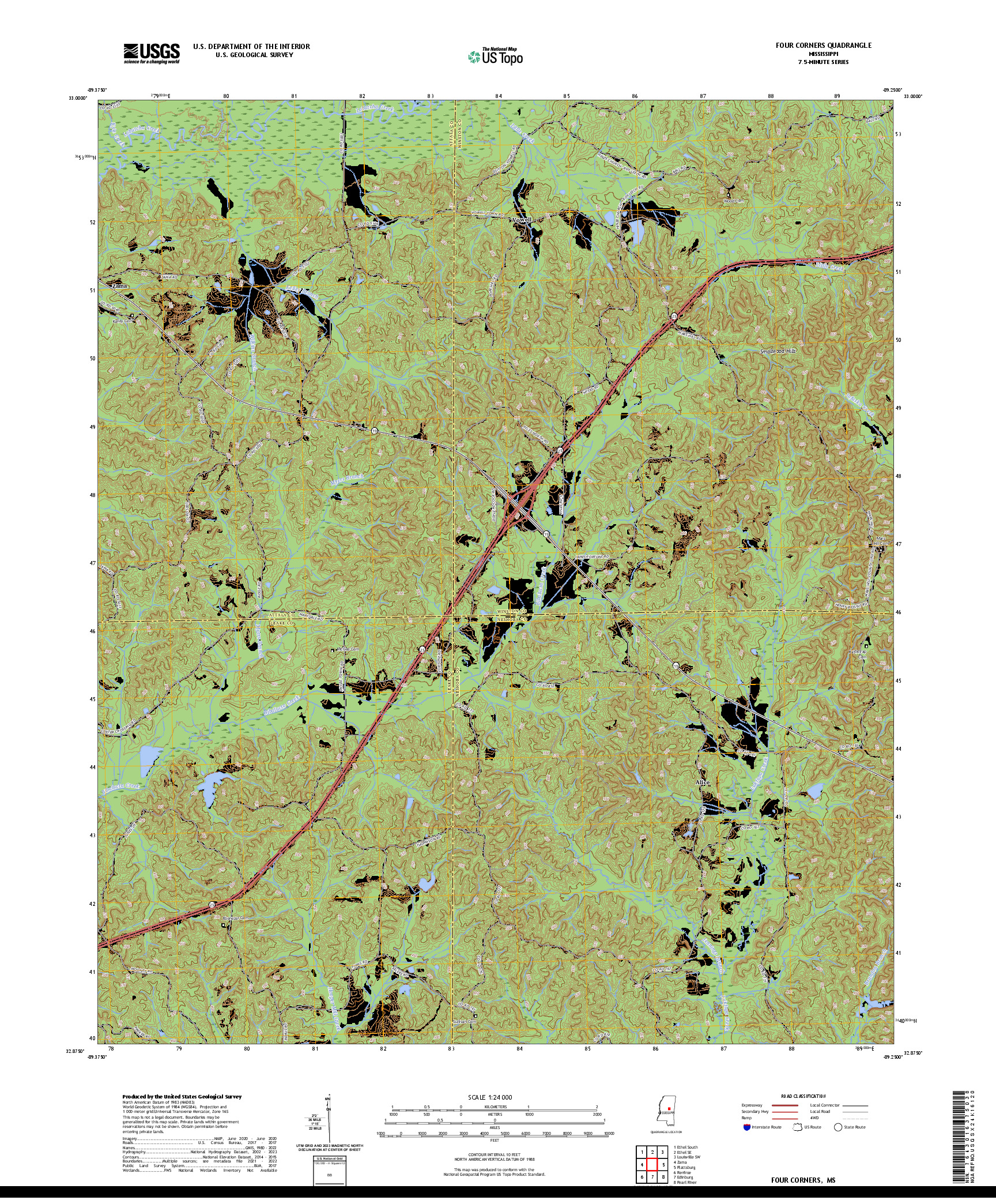 US TOPO 7.5-MINUTE MAP FOR FOUR CORNERS, MS