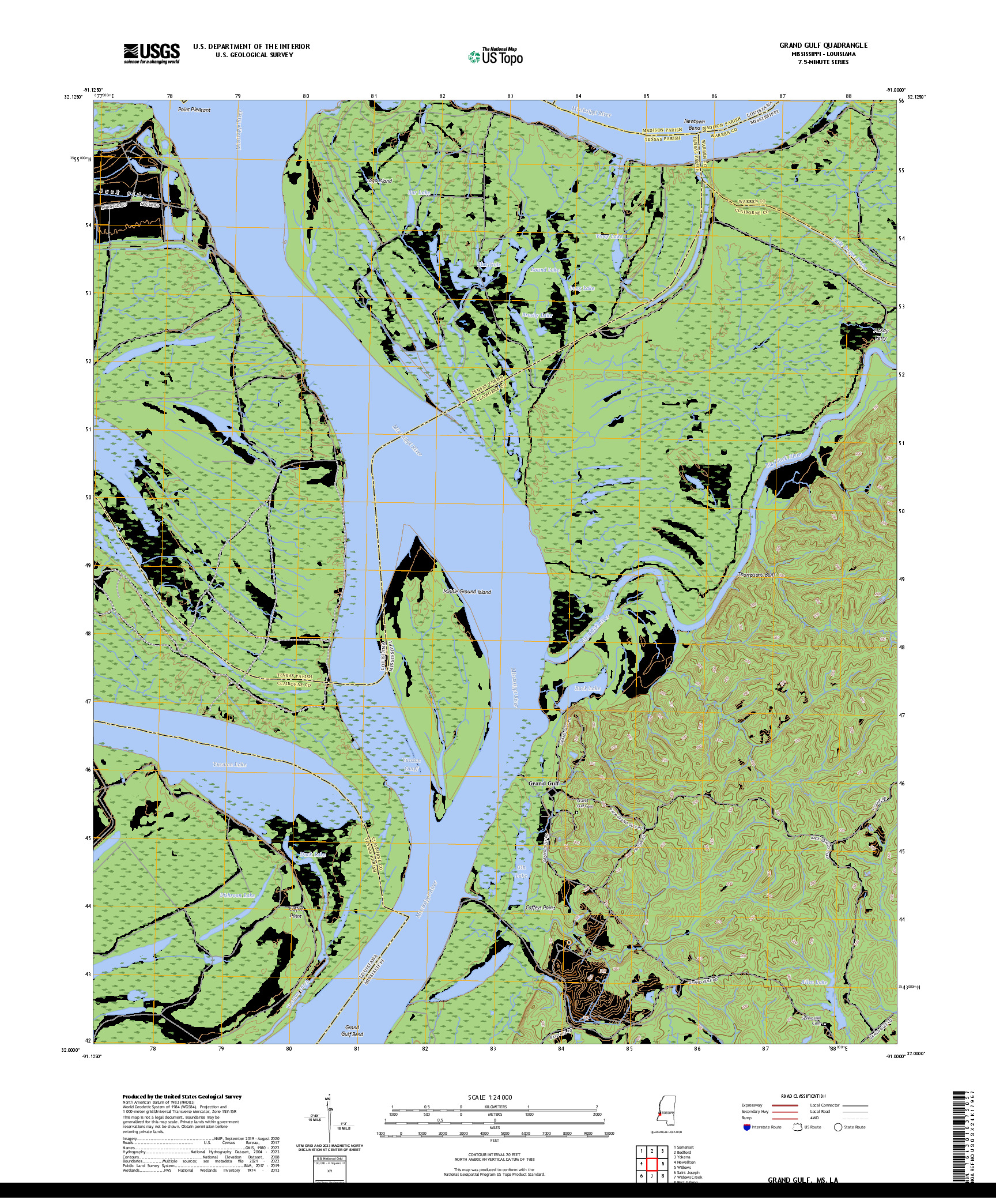 US TOPO 7.5-MINUTE MAP FOR GRAND GULF, MS,LA
