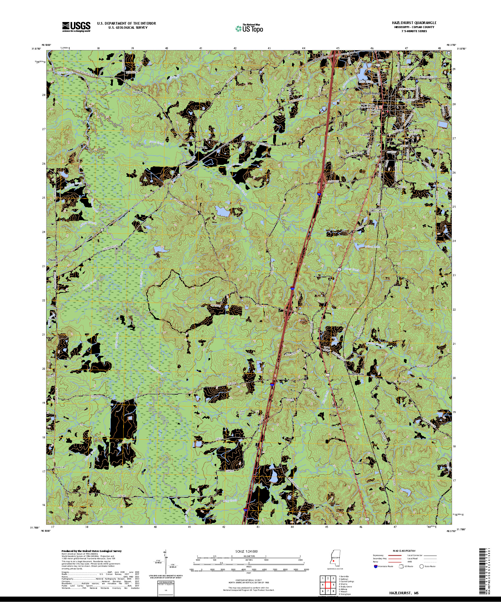 US TOPO 7.5-MINUTE MAP FOR HAZLEHURST, MS
