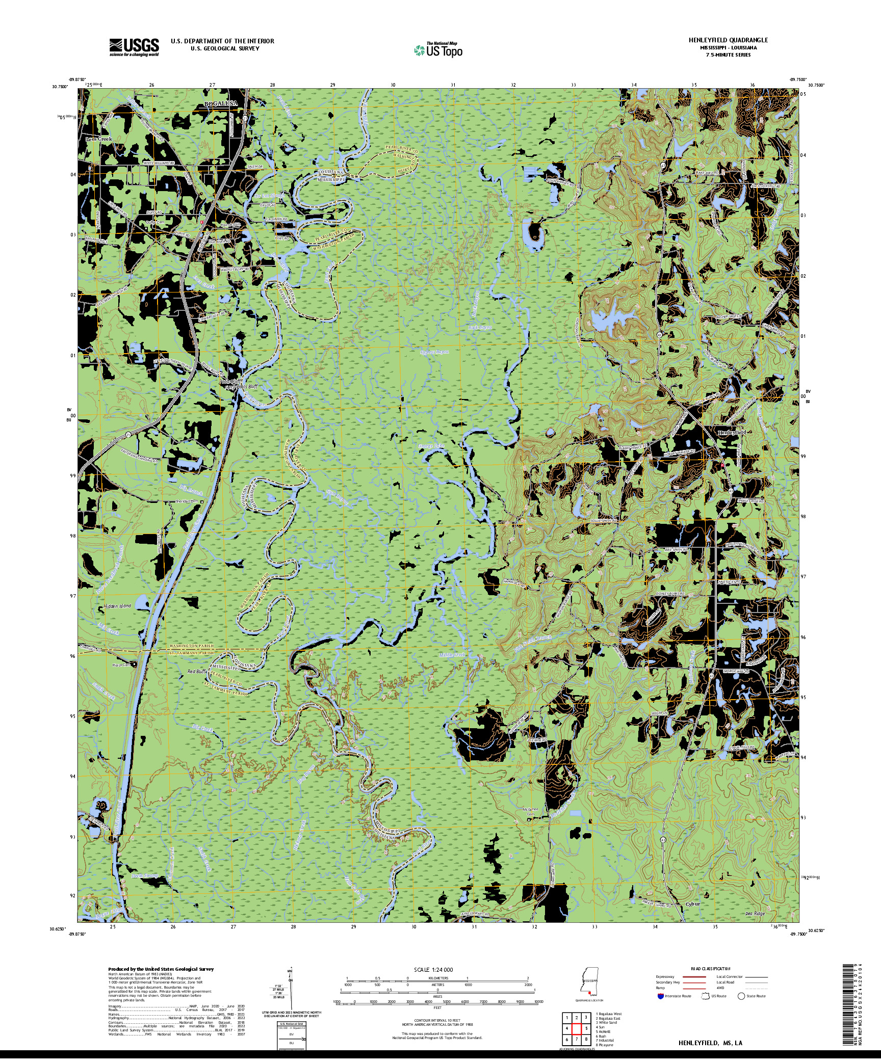 US TOPO 7.5-MINUTE MAP FOR HENLEYFIELD, MS,LA