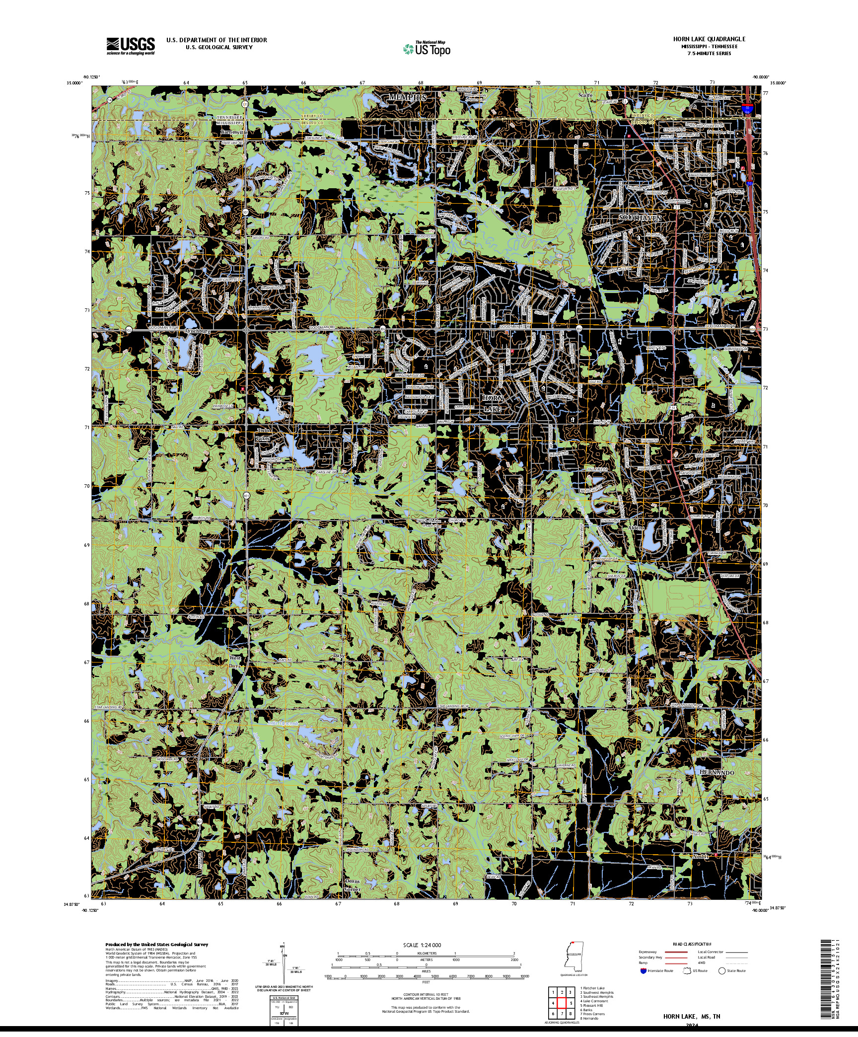 US TOPO 7.5-MINUTE MAP FOR HORN LAKE, MS,TN