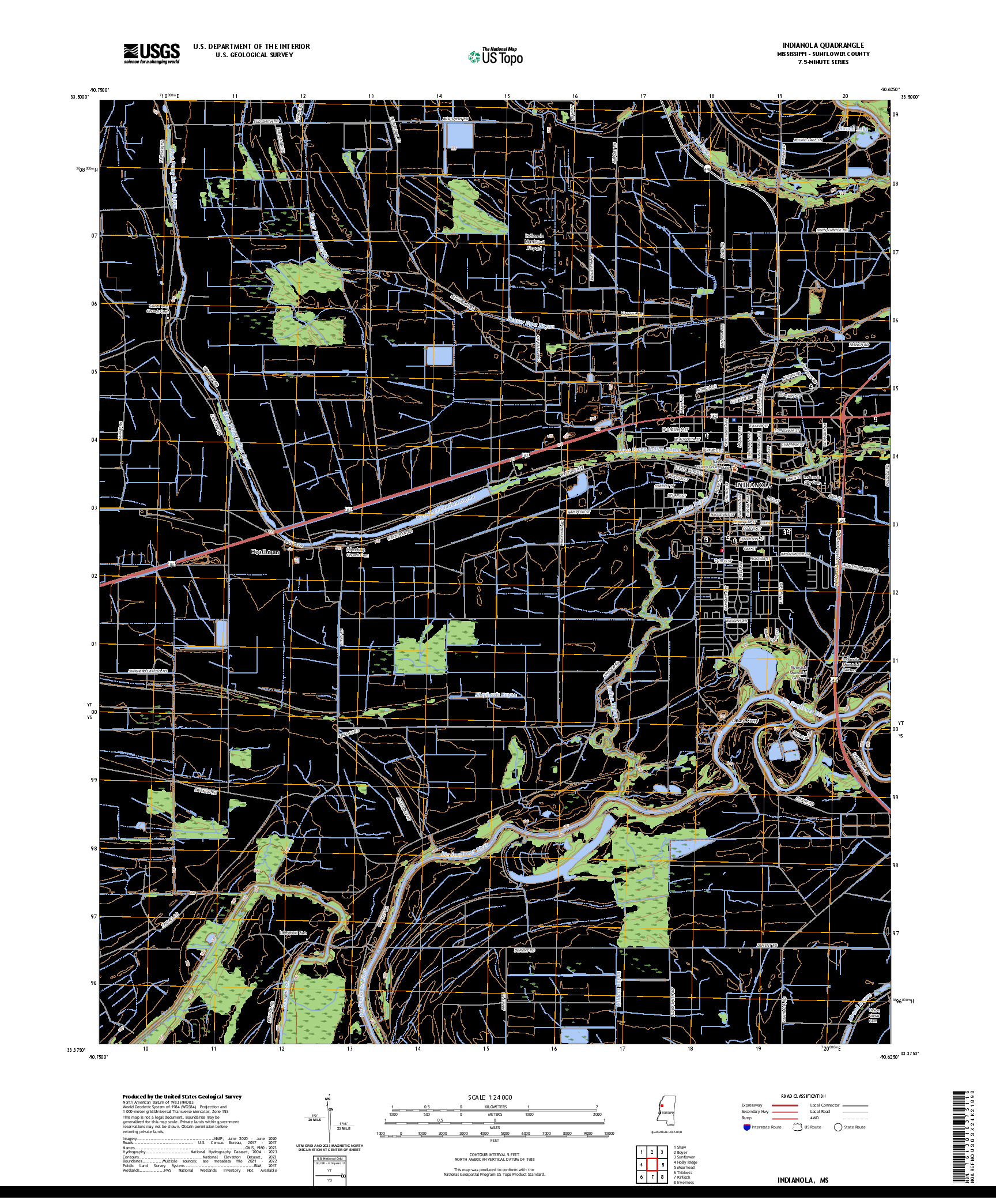 US TOPO 7.5-MINUTE MAP FOR INDIANOLA, MS