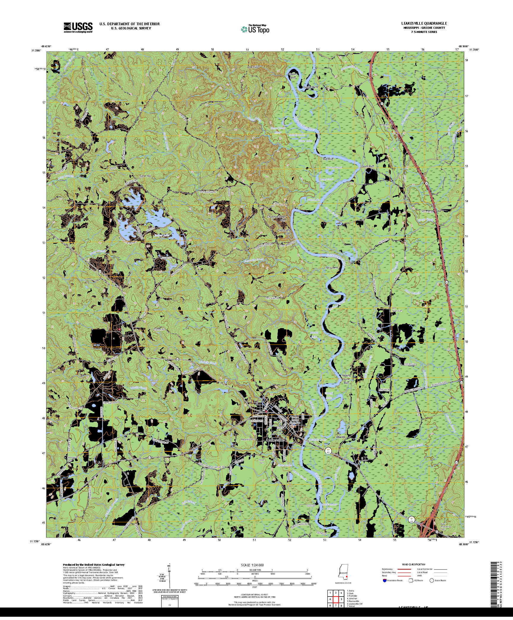 US TOPO 7.5-MINUTE MAP FOR LEAKESVILLE, MS
