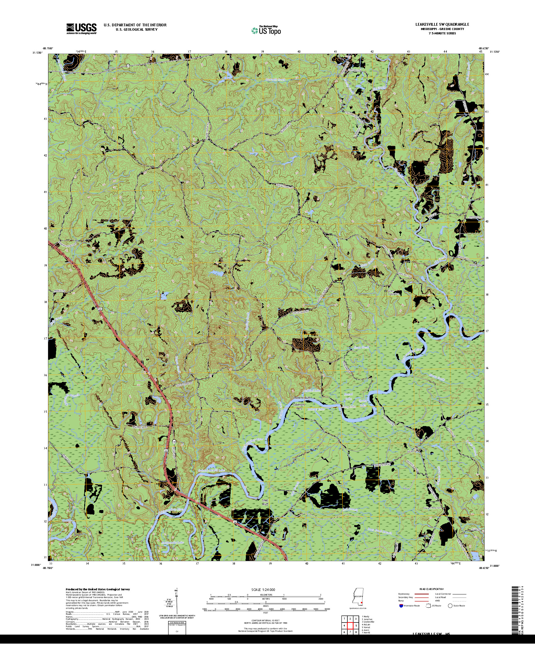 US TOPO 7.5-MINUTE MAP FOR LEAKESVILLE SW, MS