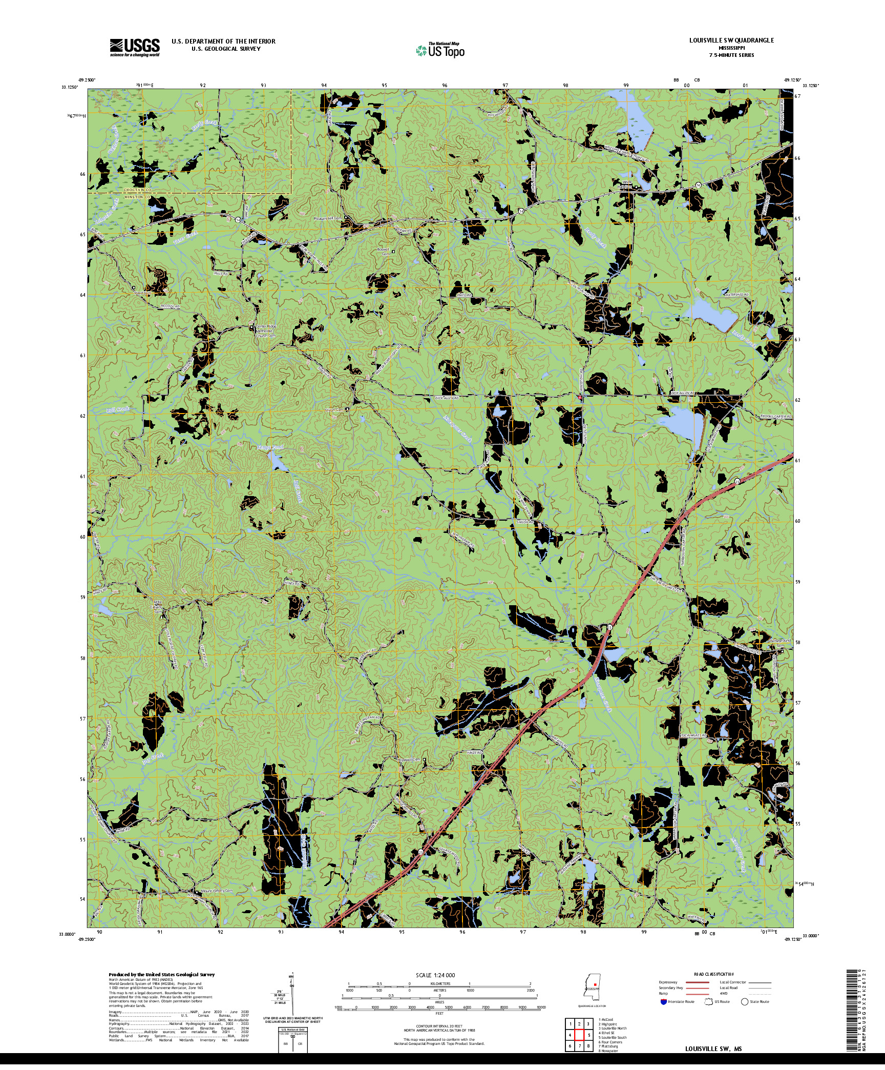 US TOPO 7.5-MINUTE MAP FOR LOUISVILLE SW, MS