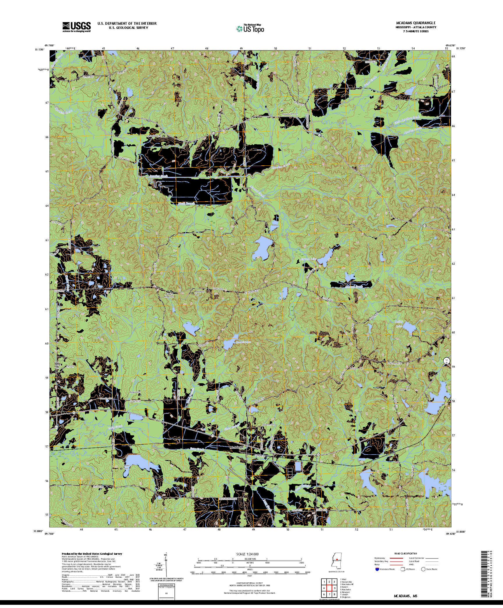 US TOPO 7.5-MINUTE MAP FOR MCADAMS, MS
