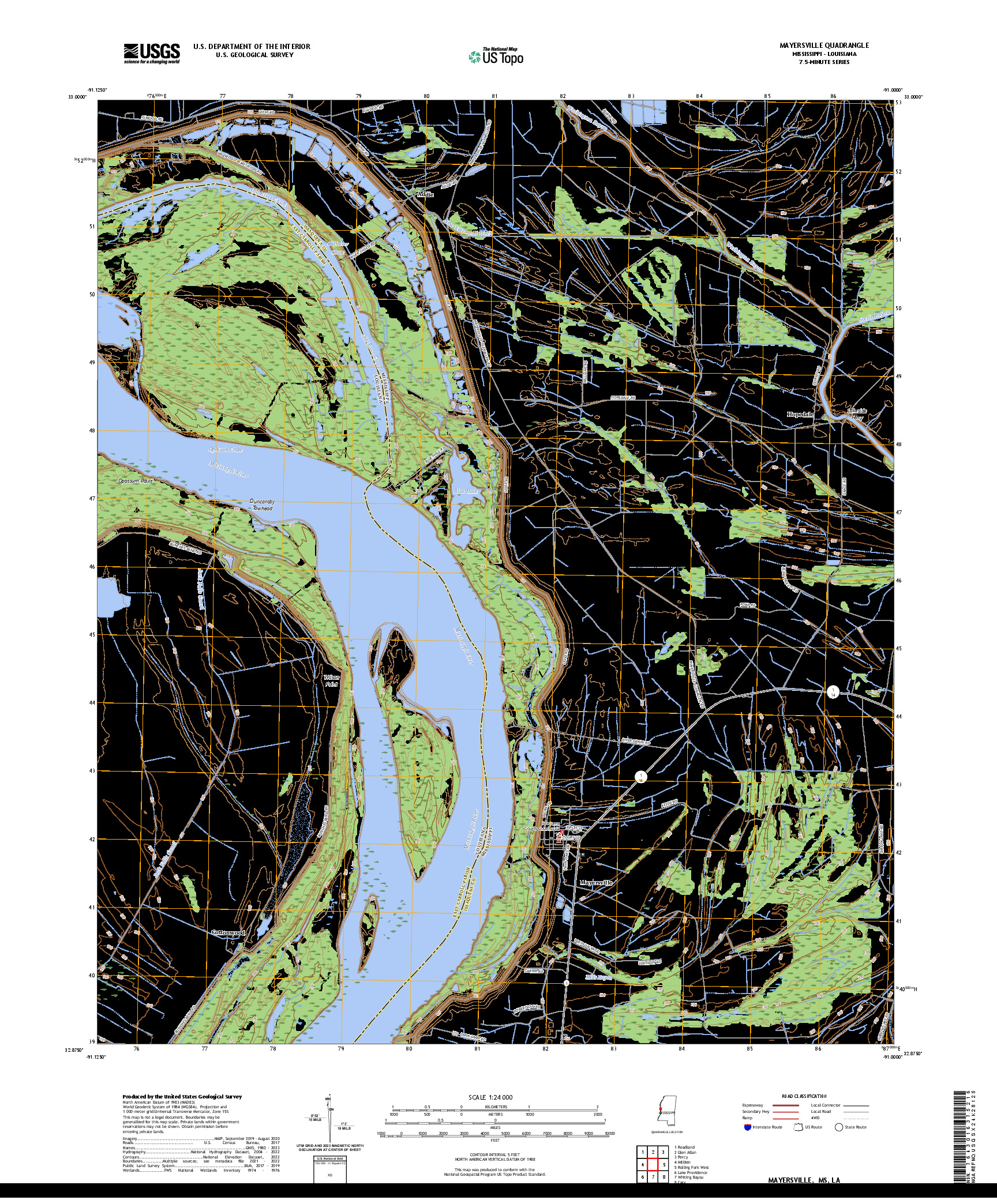 US TOPO 7.5-MINUTE MAP FOR MAYERSVILLE, MS,LA