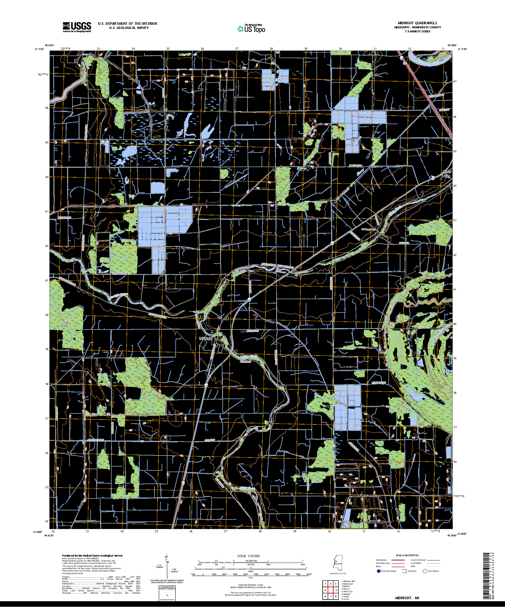 US TOPO 7.5-MINUTE MAP FOR MIDNIGHT, MS