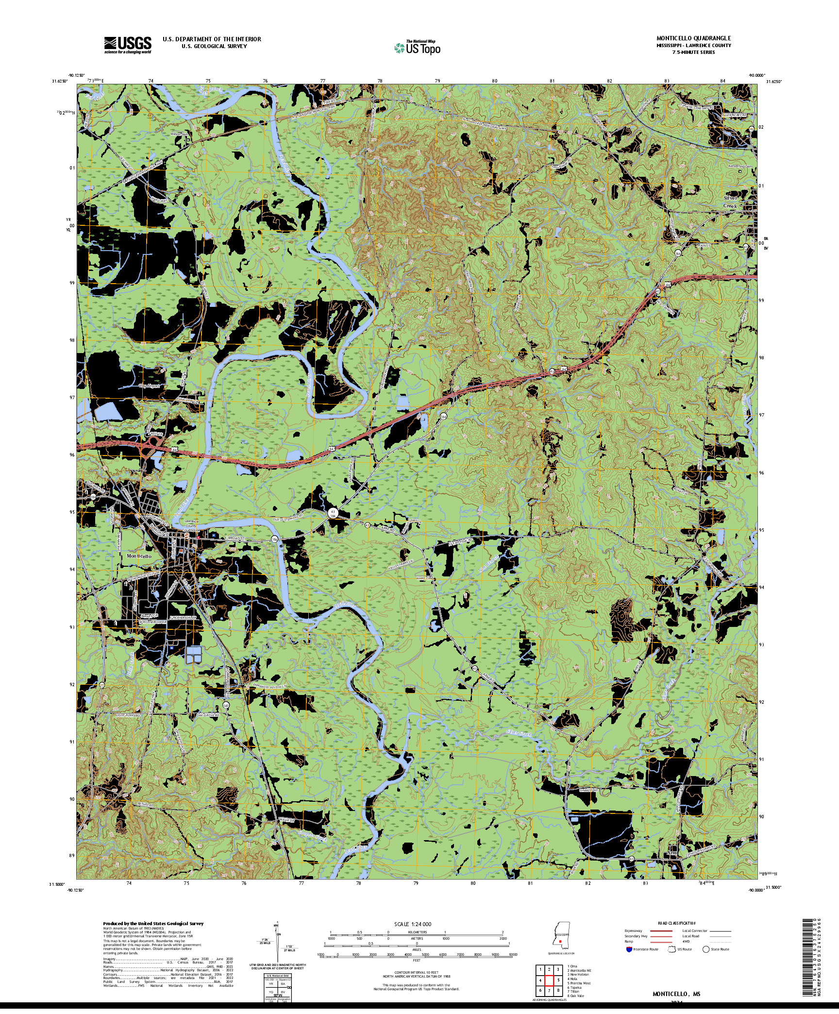 US TOPO 7.5-MINUTE MAP FOR MONTICELLO, MS
