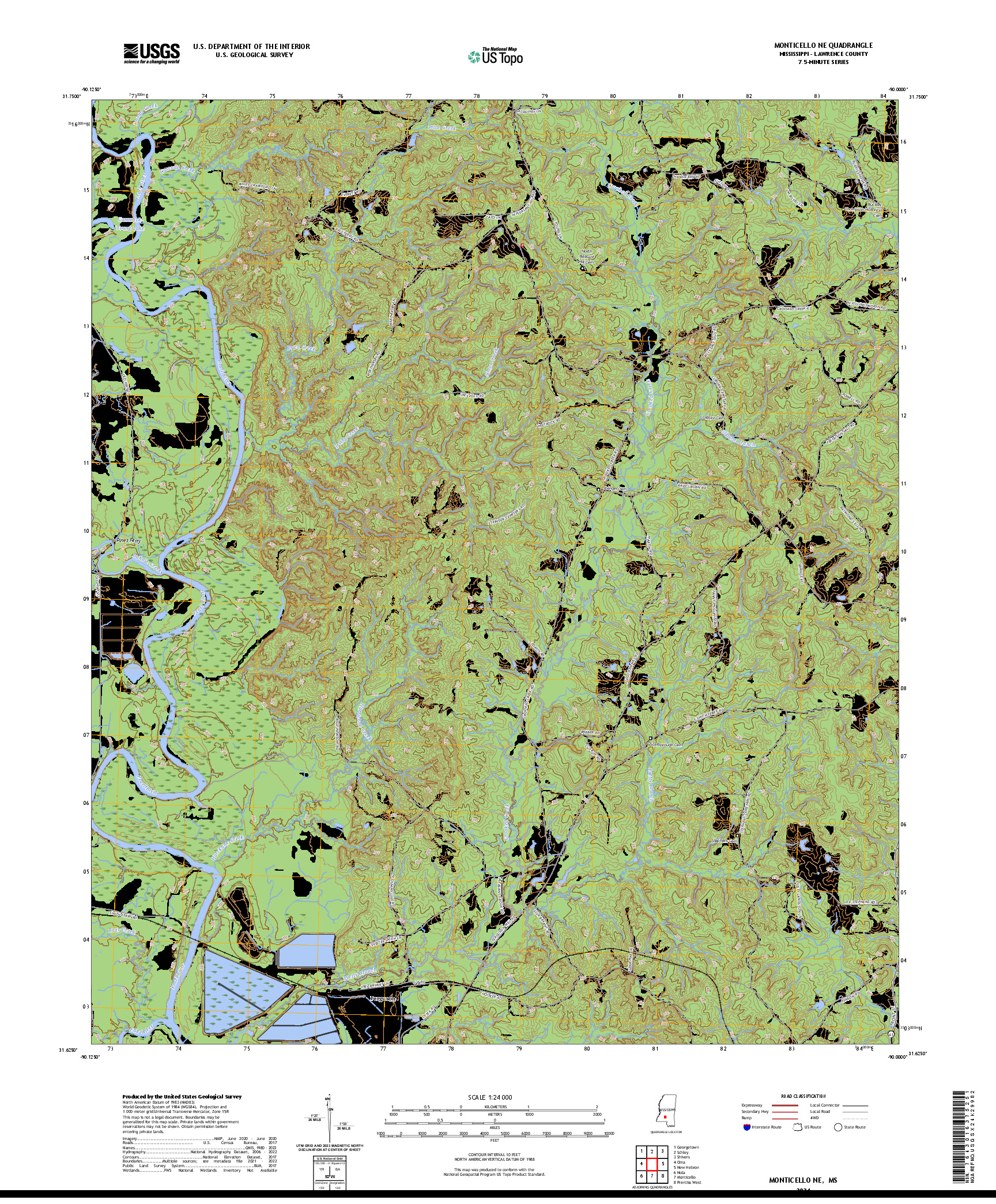 US TOPO 7.5-MINUTE MAP FOR MONTICELLO NE, MS