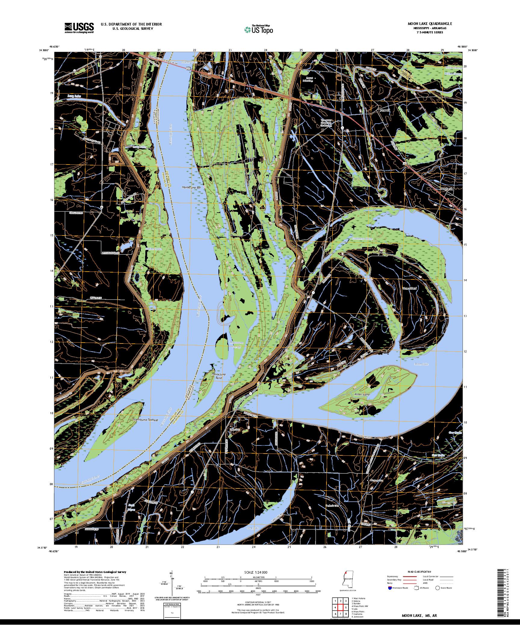 US TOPO 7.5-MINUTE MAP FOR MOON LAKE, MS,AR