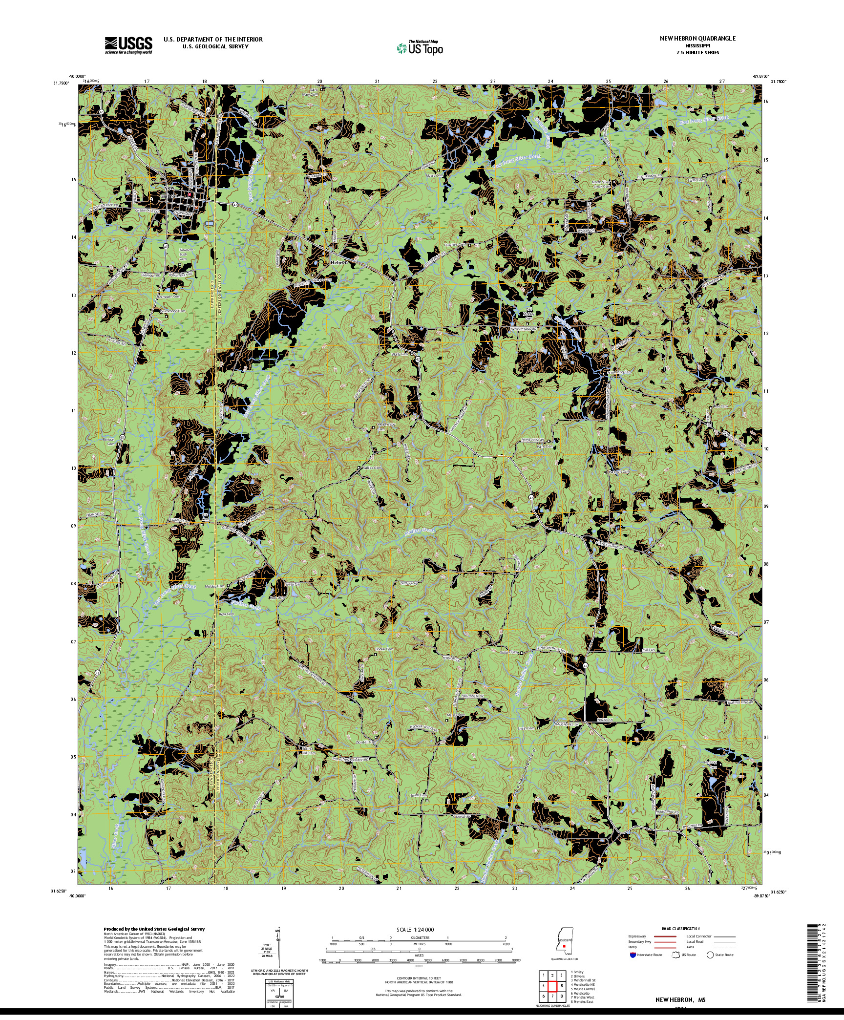 US TOPO 7.5-MINUTE MAP FOR NEW HEBRON, MS