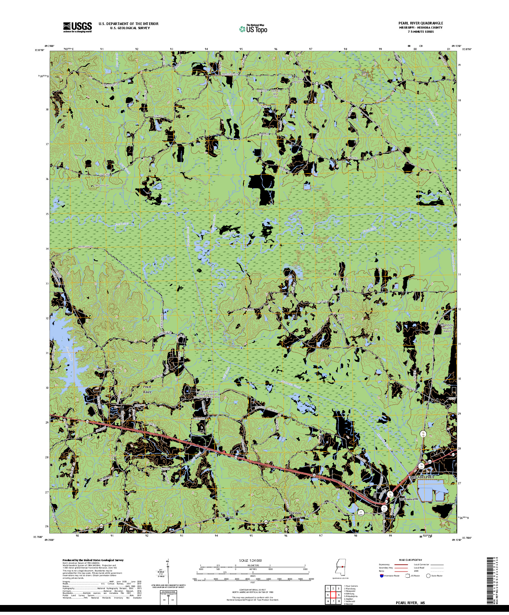 US TOPO 7.5-MINUTE MAP FOR PEARL RIVER, MS