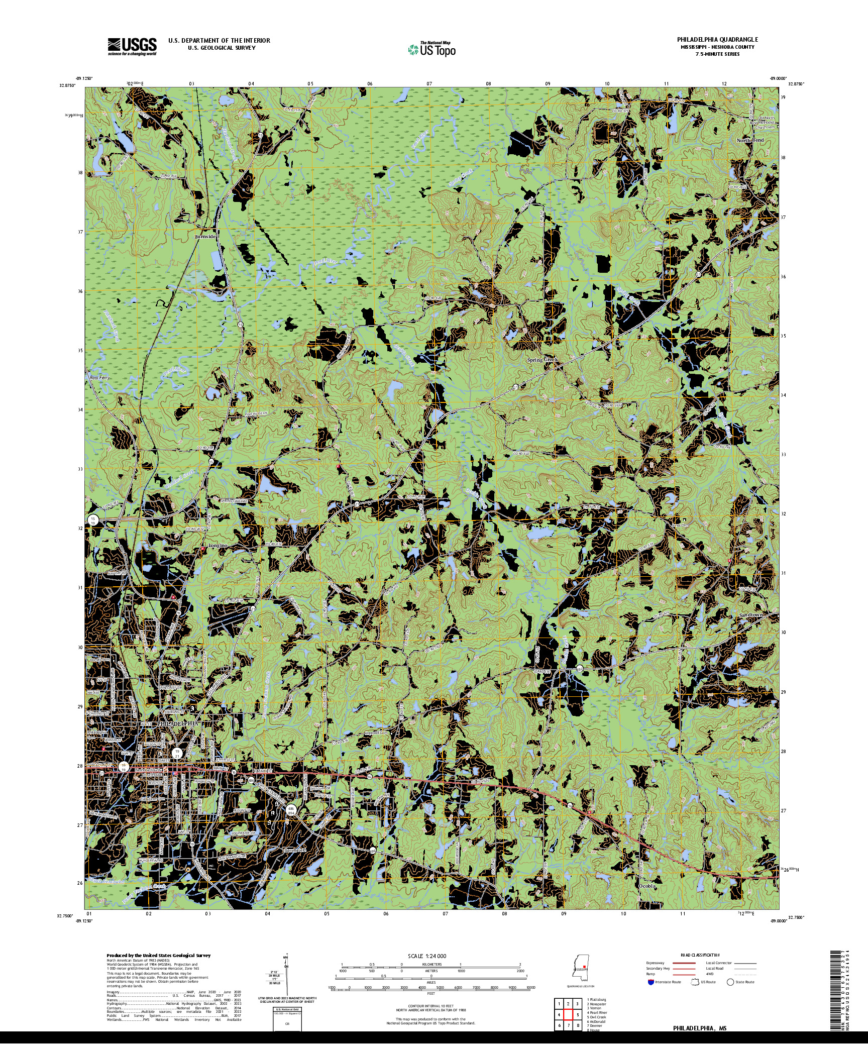 US TOPO 7.5-MINUTE MAP FOR PHILADELPHIA, MS