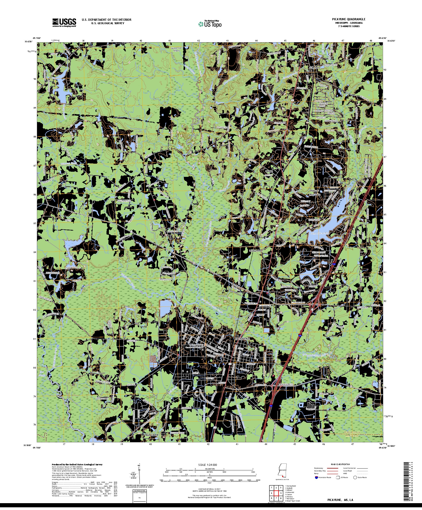 US TOPO 7.5-MINUTE MAP FOR PICAYUNE, MS,LA