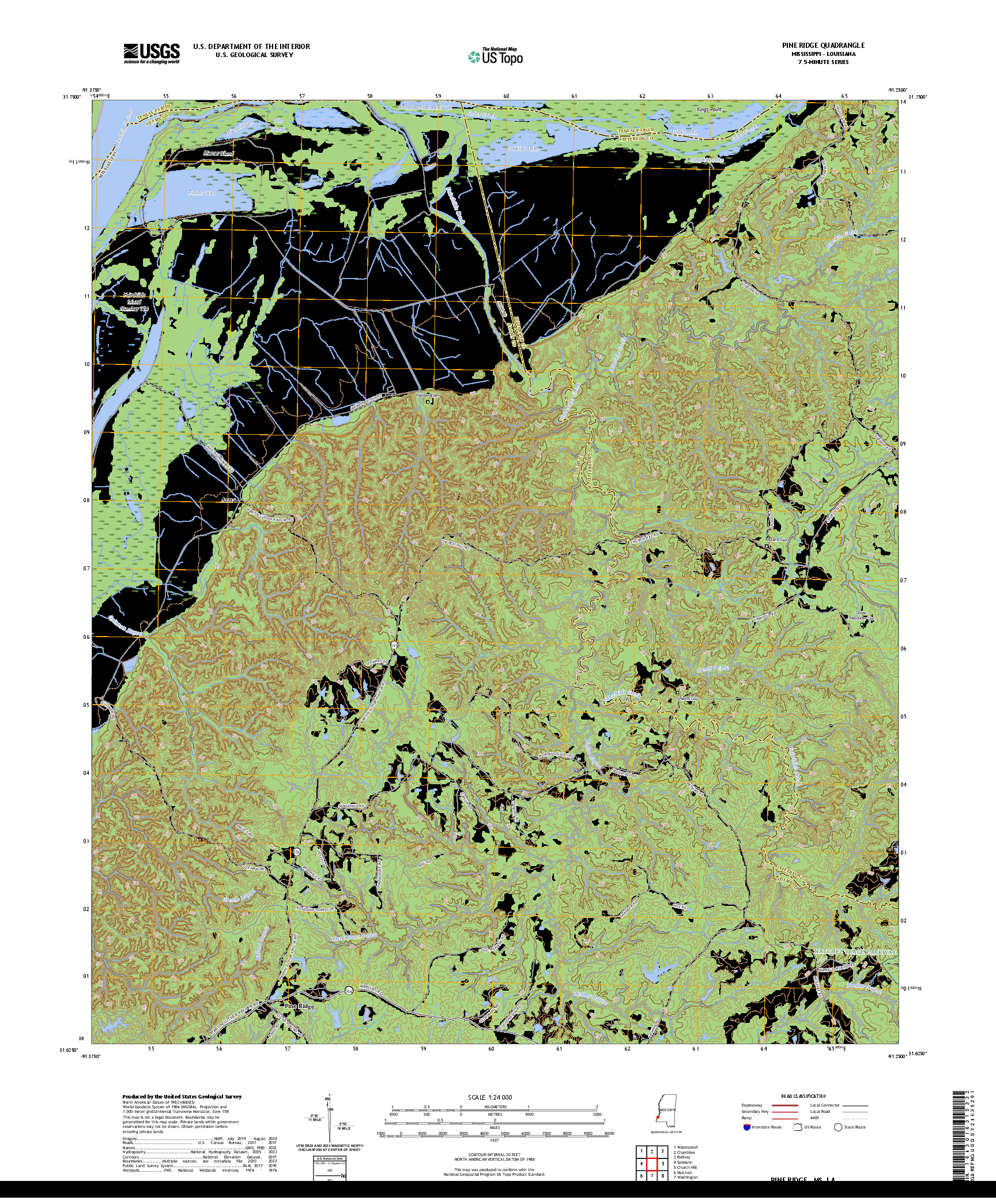 US TOPO 7.5-MINUTE MAP FOR PINE RIDGE, MS,LA