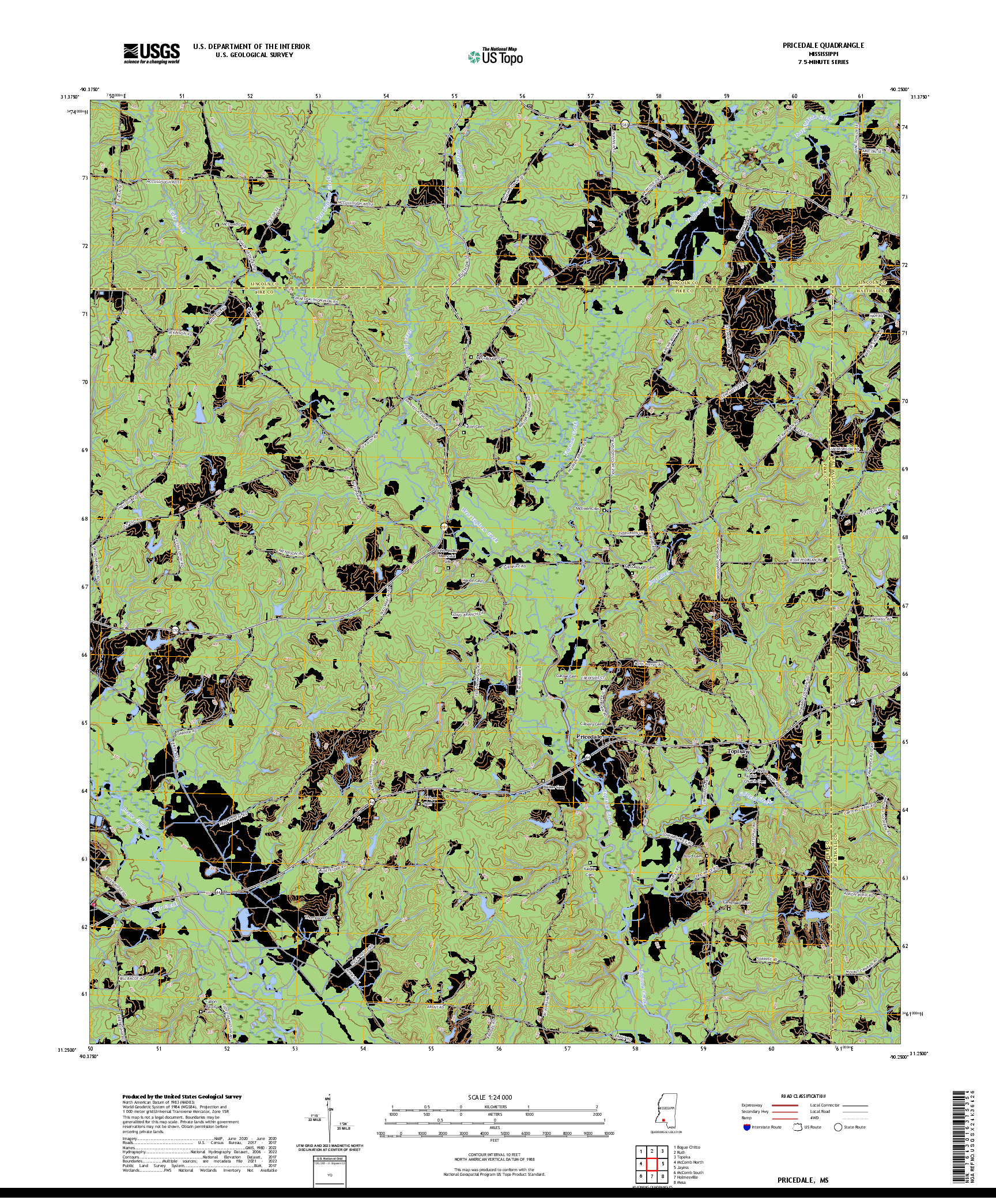 US TOPO 7.5-MINUTE MAP FOR PRICEDALE, MS