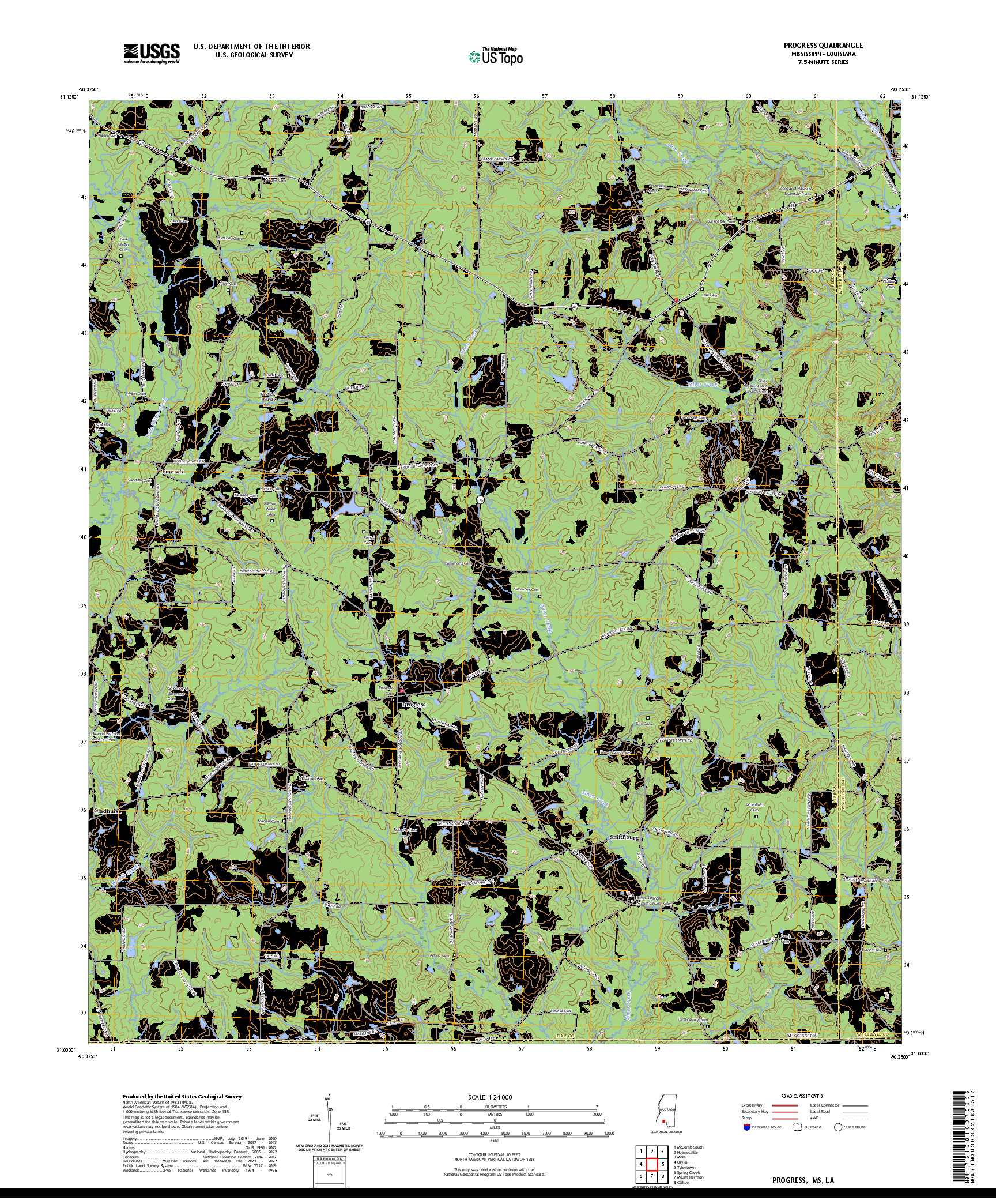 US TOPO 7.5-MINUTE MAP FOR PROGRESS, MS,LA
