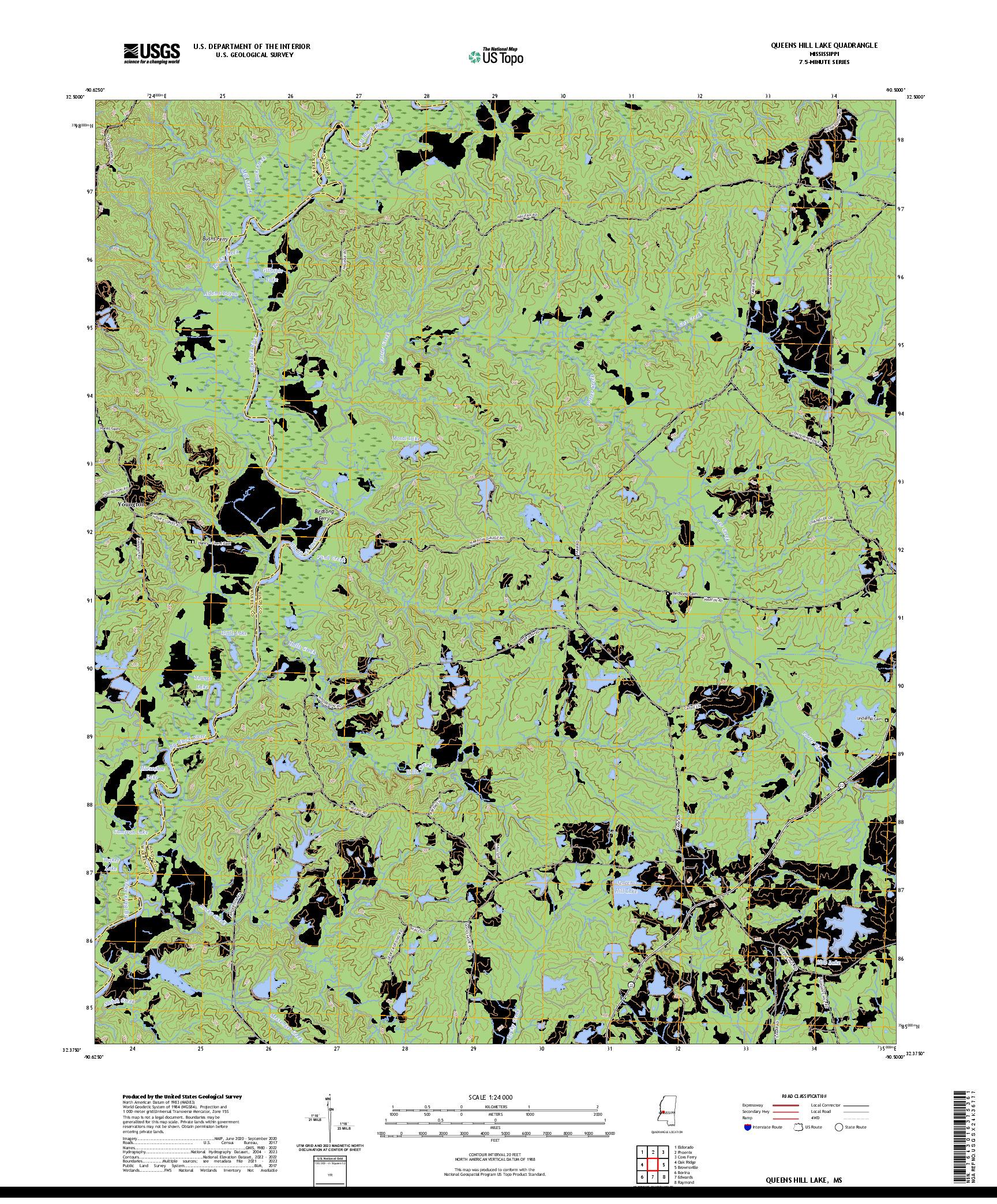 US TOPO 7.5-MINUTE MAP FOR QUEENS HILL LAKE, MS