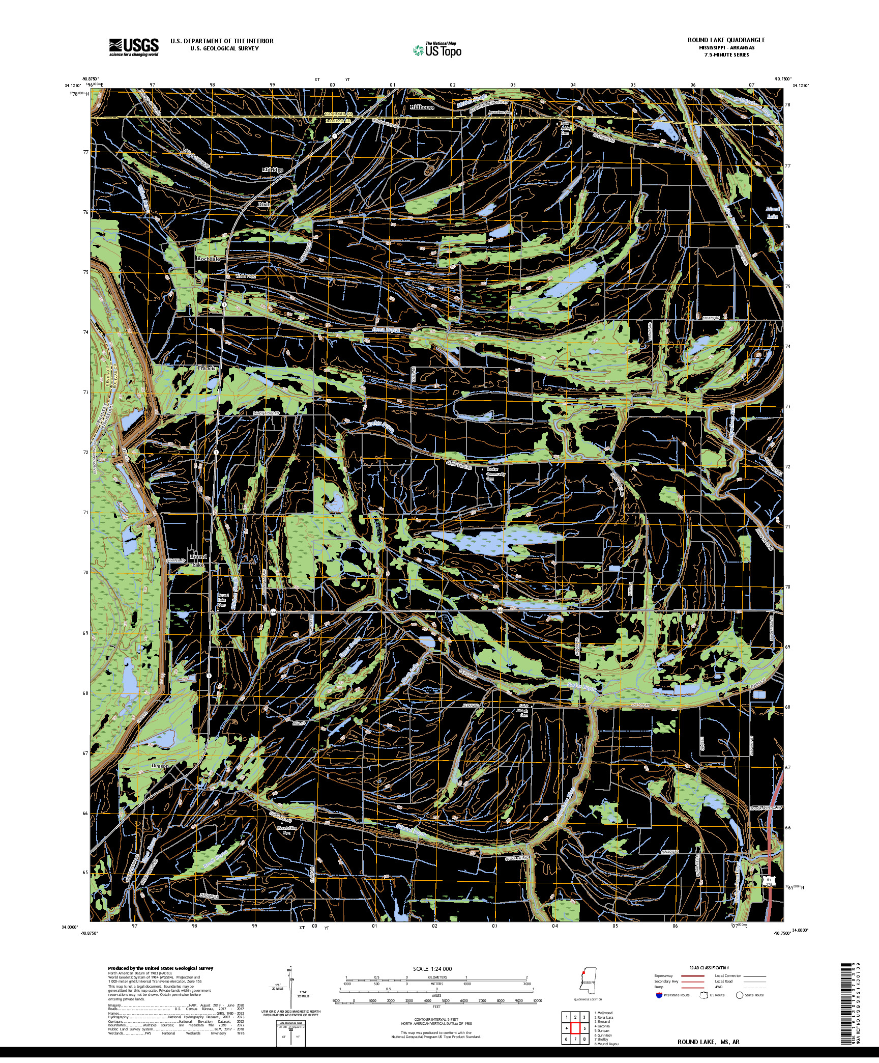 US TOPO 7.5-MINUTE MAP FOR ROUND LAKE, MS,AR