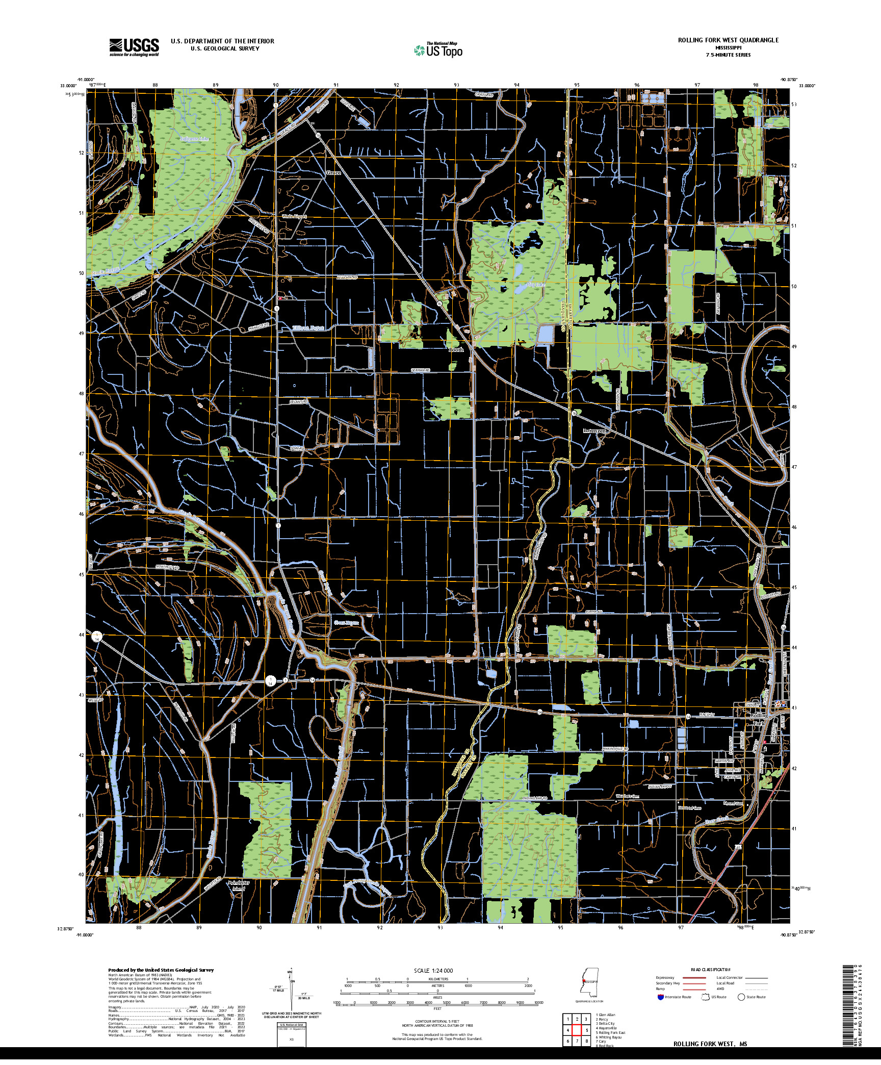 US TOPO 7.5-MINUTE MAP FOR ROLLING FORK WEST, MS