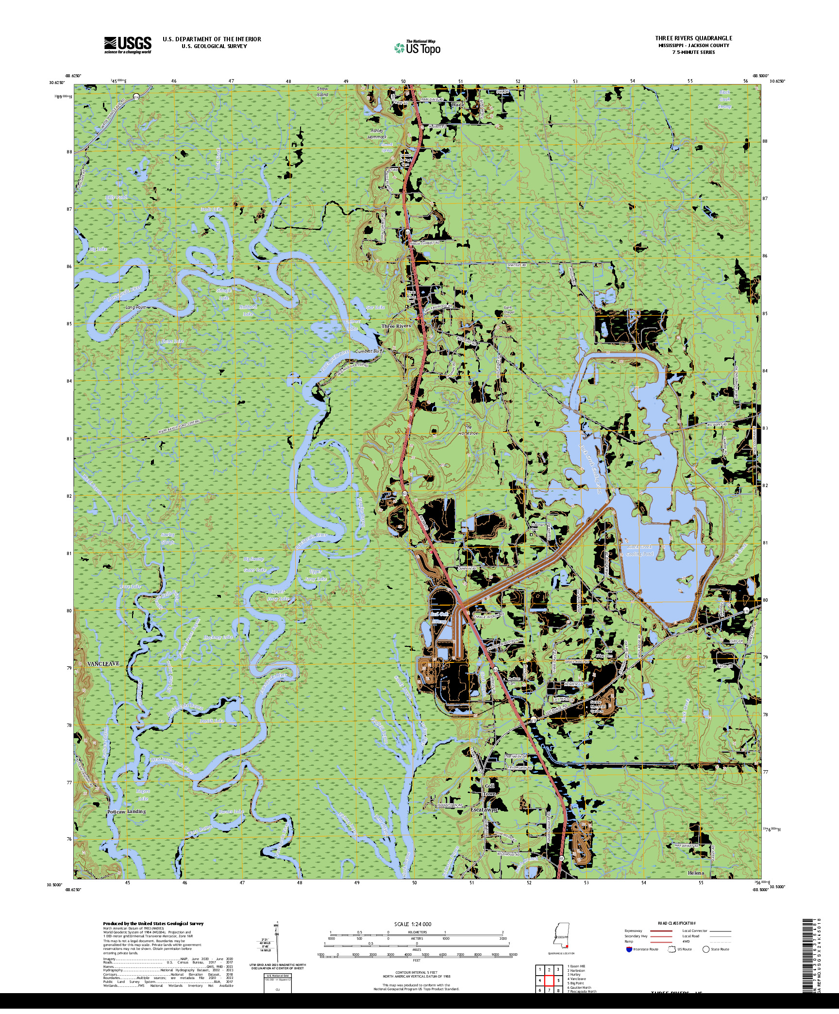 US TOPO 7.5-MINUTE MAP FOR THREE RIVERS, MS