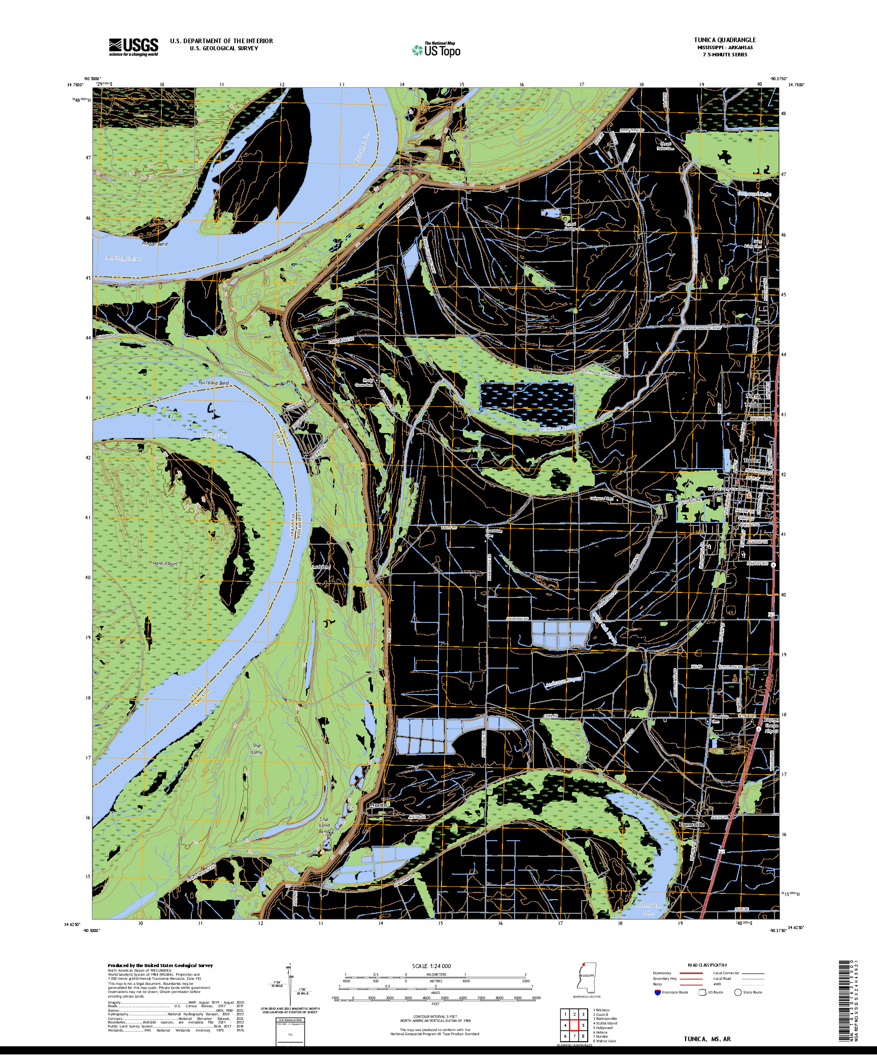 US TOPO 7.5-MINUTE MAP FOR TUNICA, MS,AR