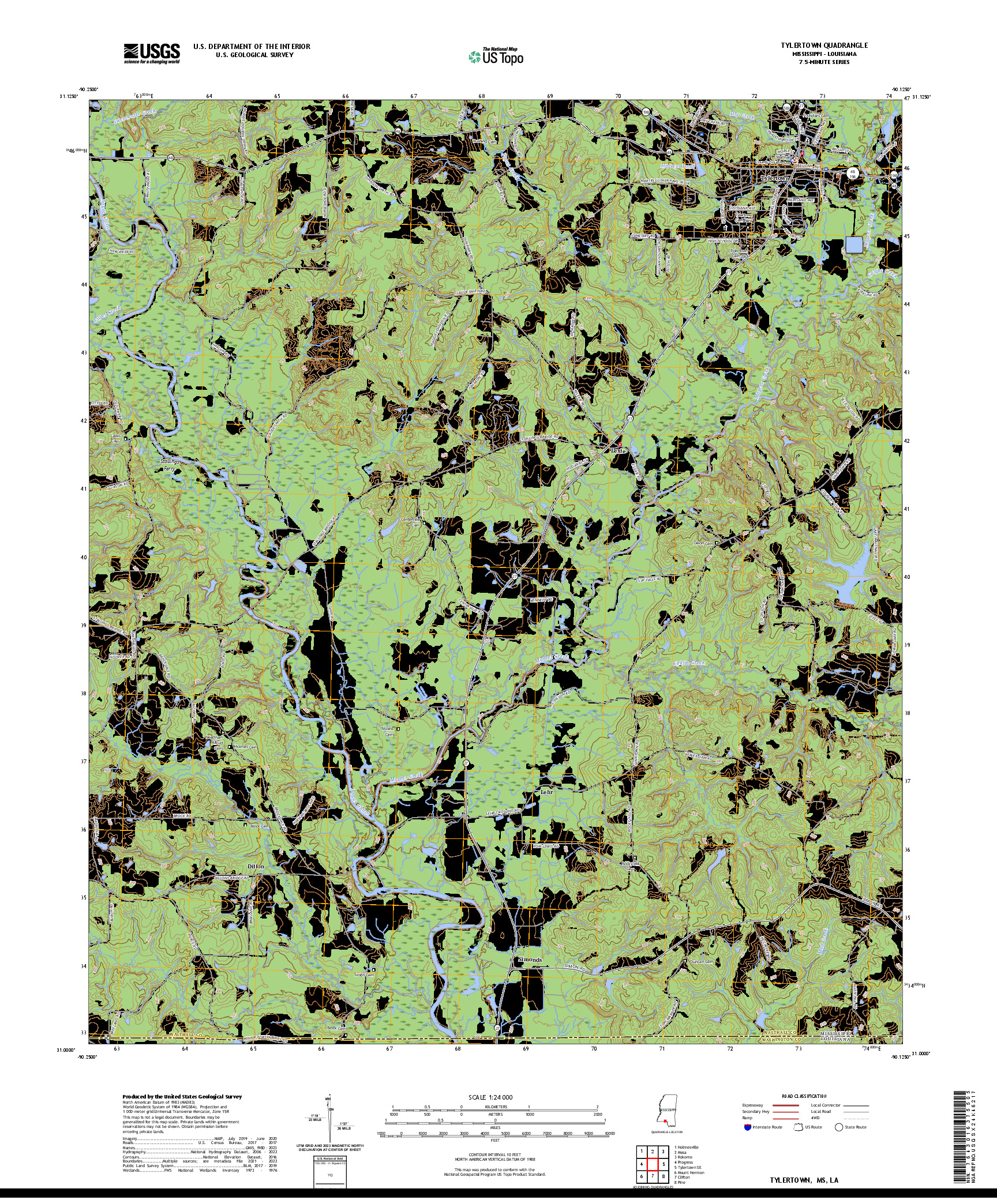 US TOPO 7.5-MINUTE MAP FOR TYLERTOWN, MS,LA
