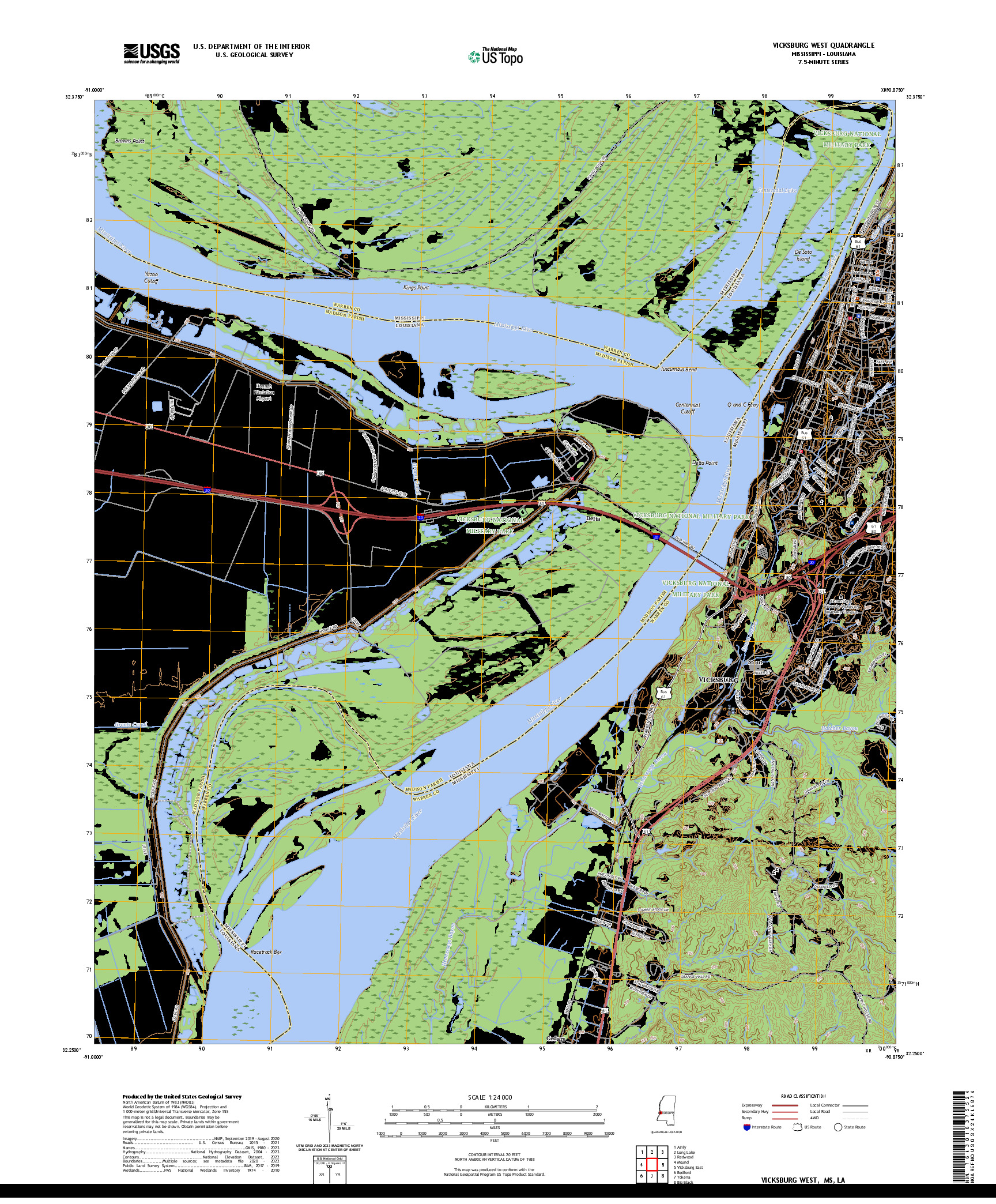 US TOPO 7.5-MINUTE MAP FOR VICKSBURG WEST, MS,LA