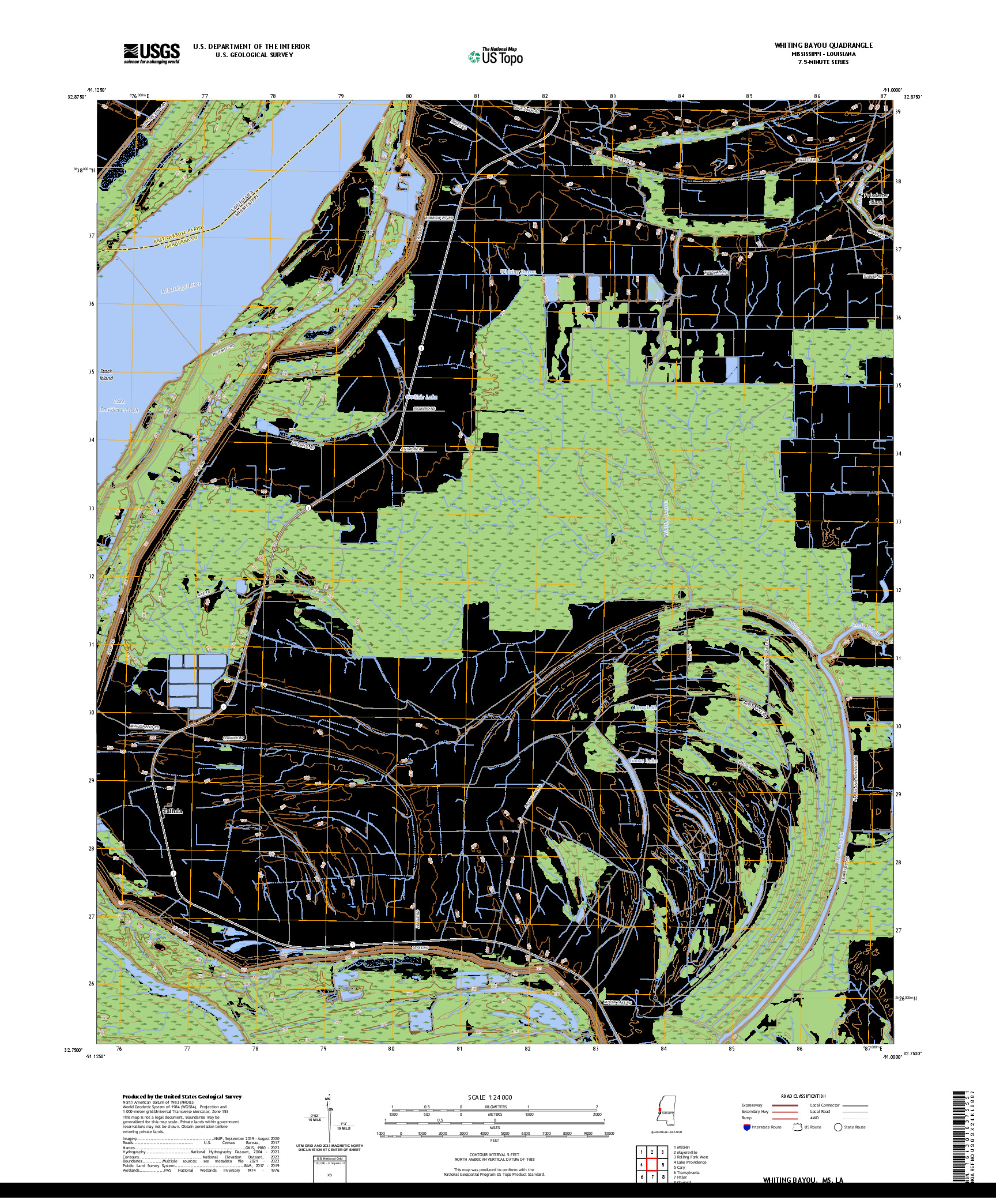 US TOPO 7.5-MINUTE MAP FOR WHITING BAYOU, MS,LA