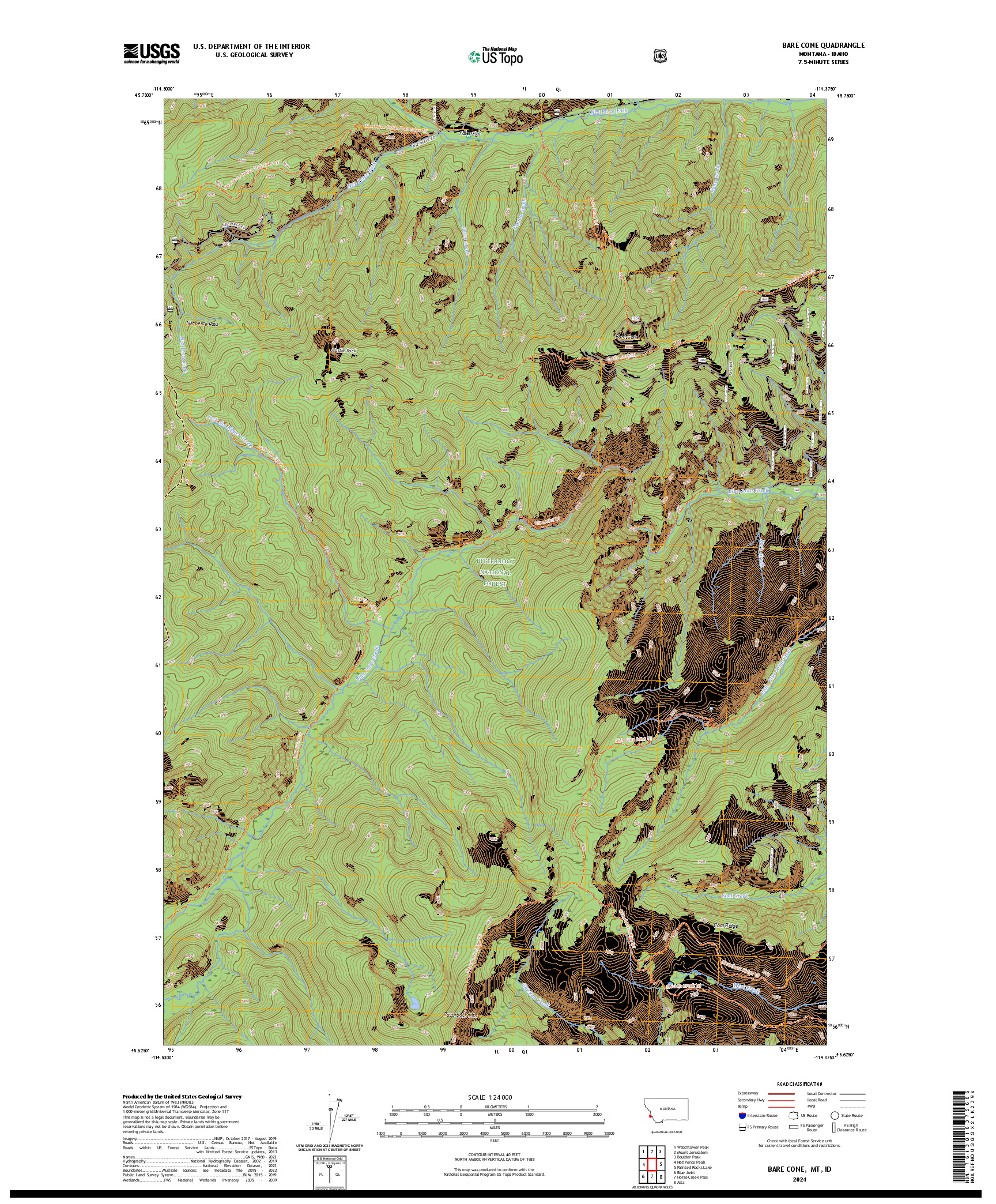 US TOPO 7.5-MINUTE MAP FOR BARE CONE, MT,ID
