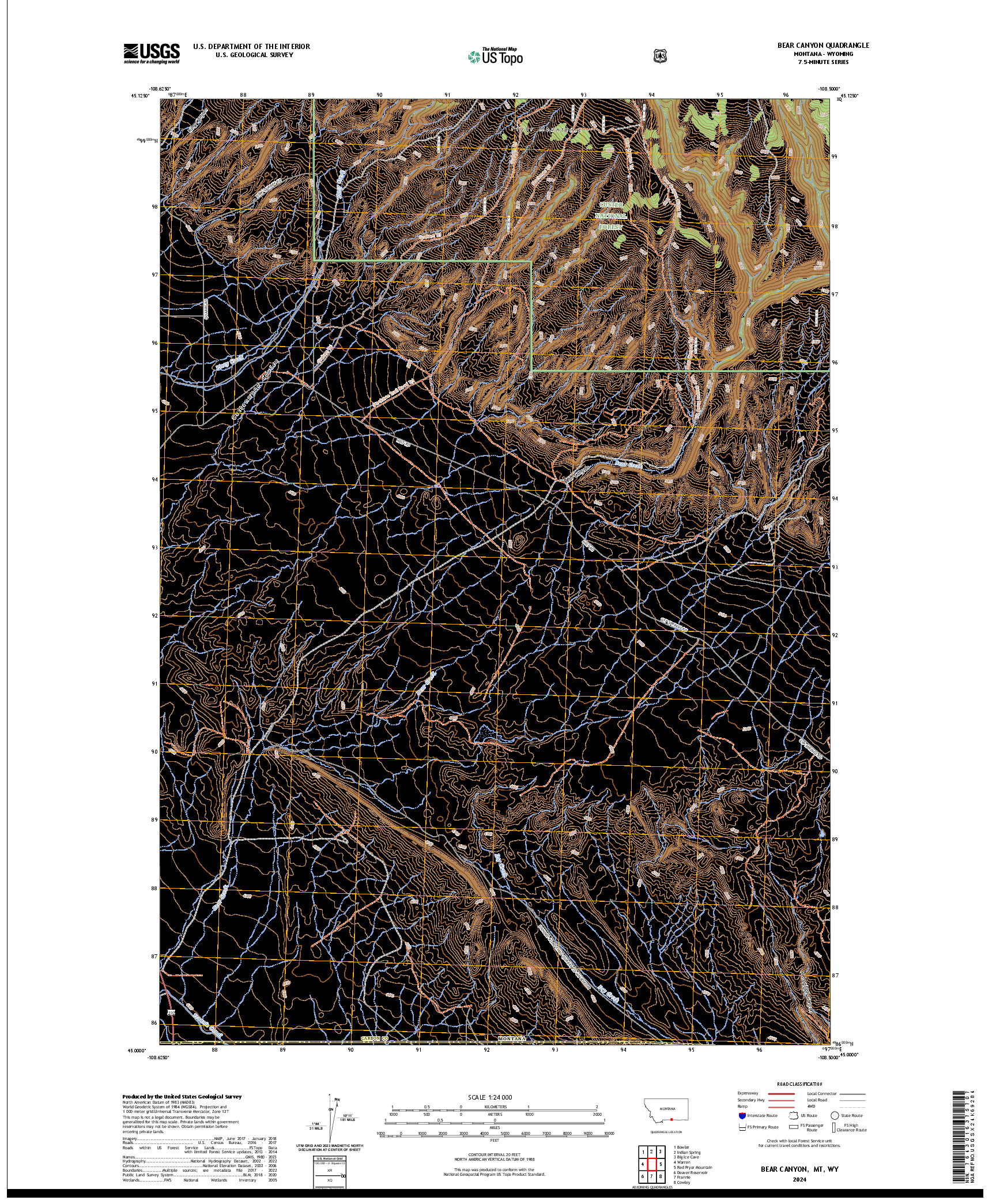 US TOPO 7.5-MINUTE MAP FOR BEAR CANYON, MT,WY
