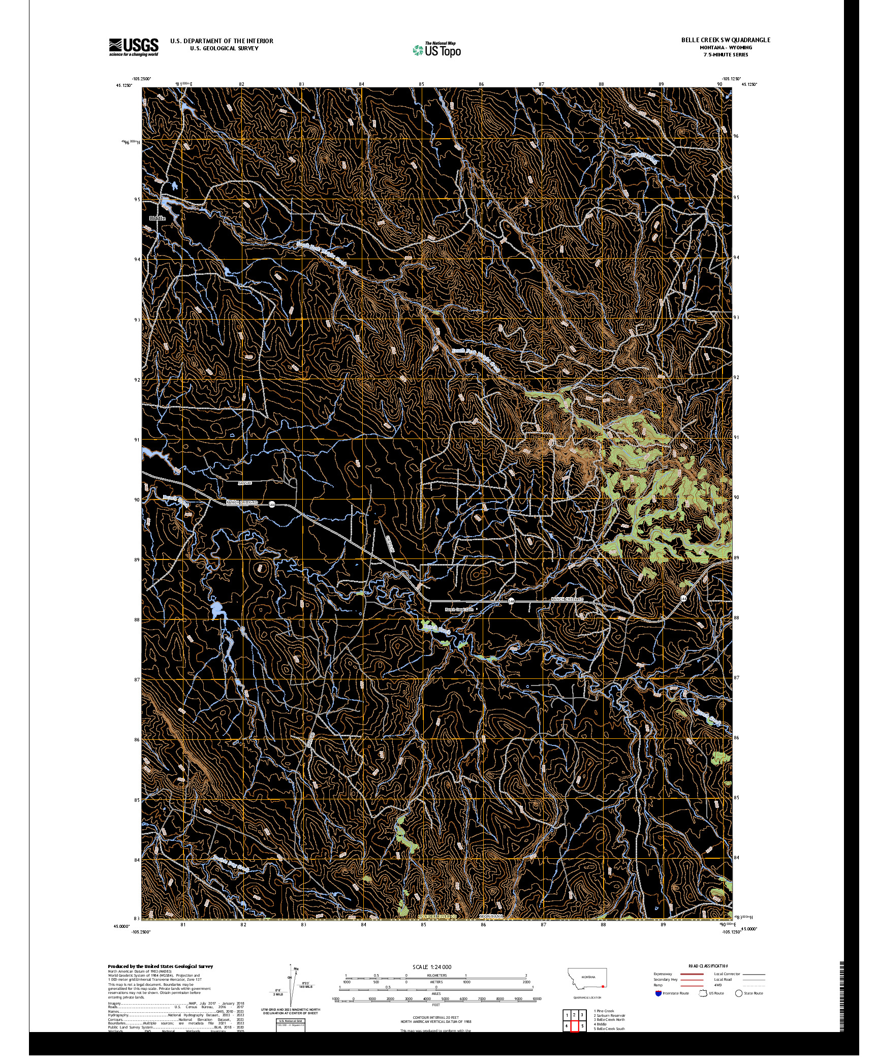 US TOPO 7.5-MINUTE MAP FOR BELLE CREEK SW, MT,WY