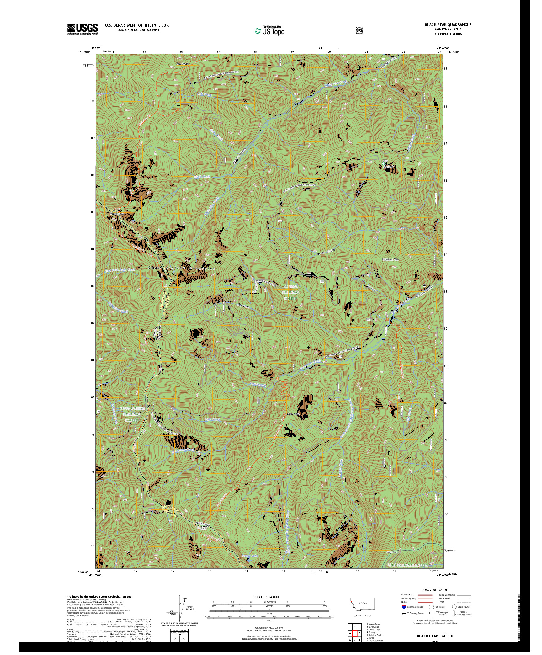 US TOPO 7.5-MINUTE MAP FOR BLACK PEAK, MT,ID