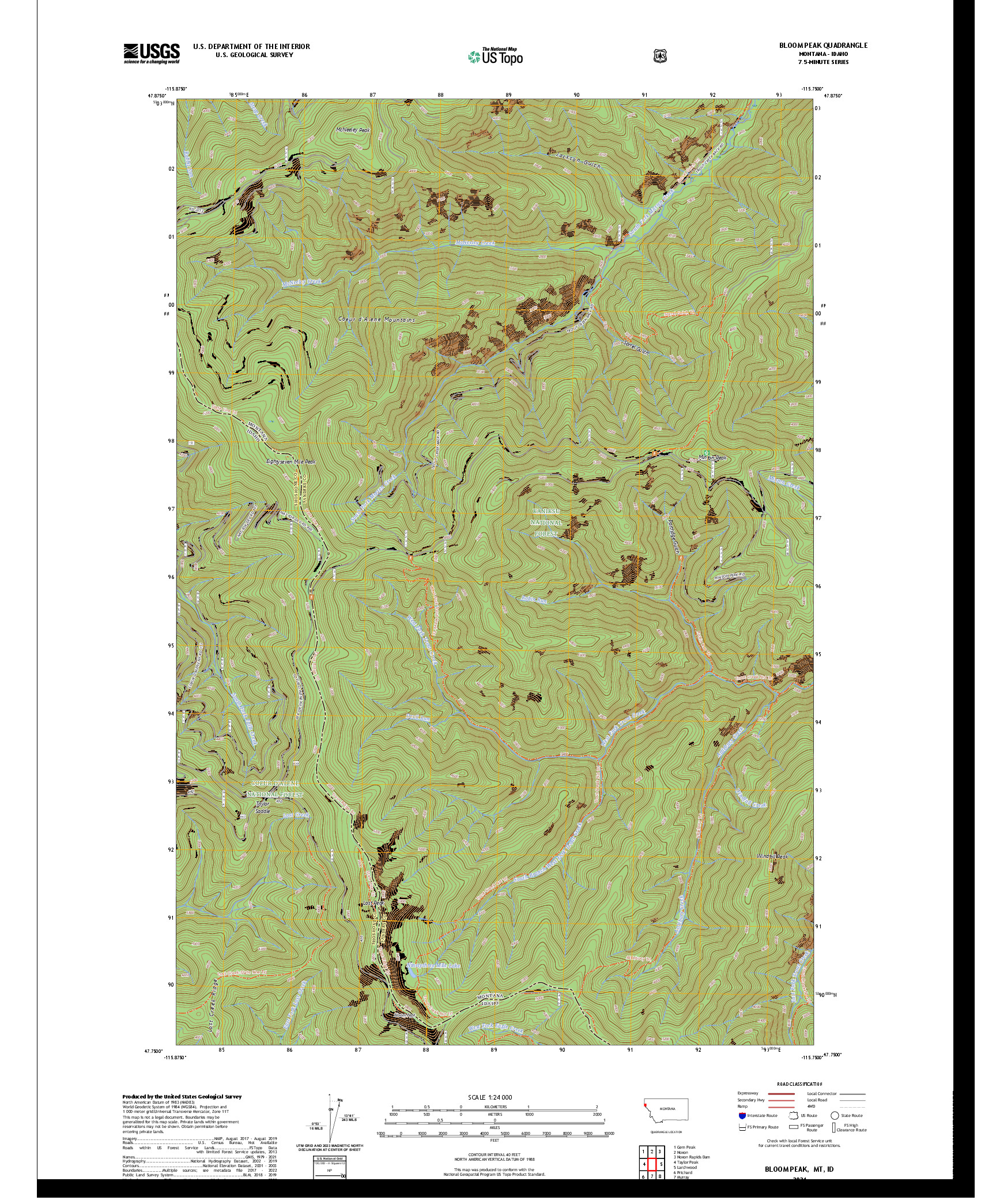 US TOPO 7.5-MINUTE MAP FOR BLOOM PEAK, MT,ID