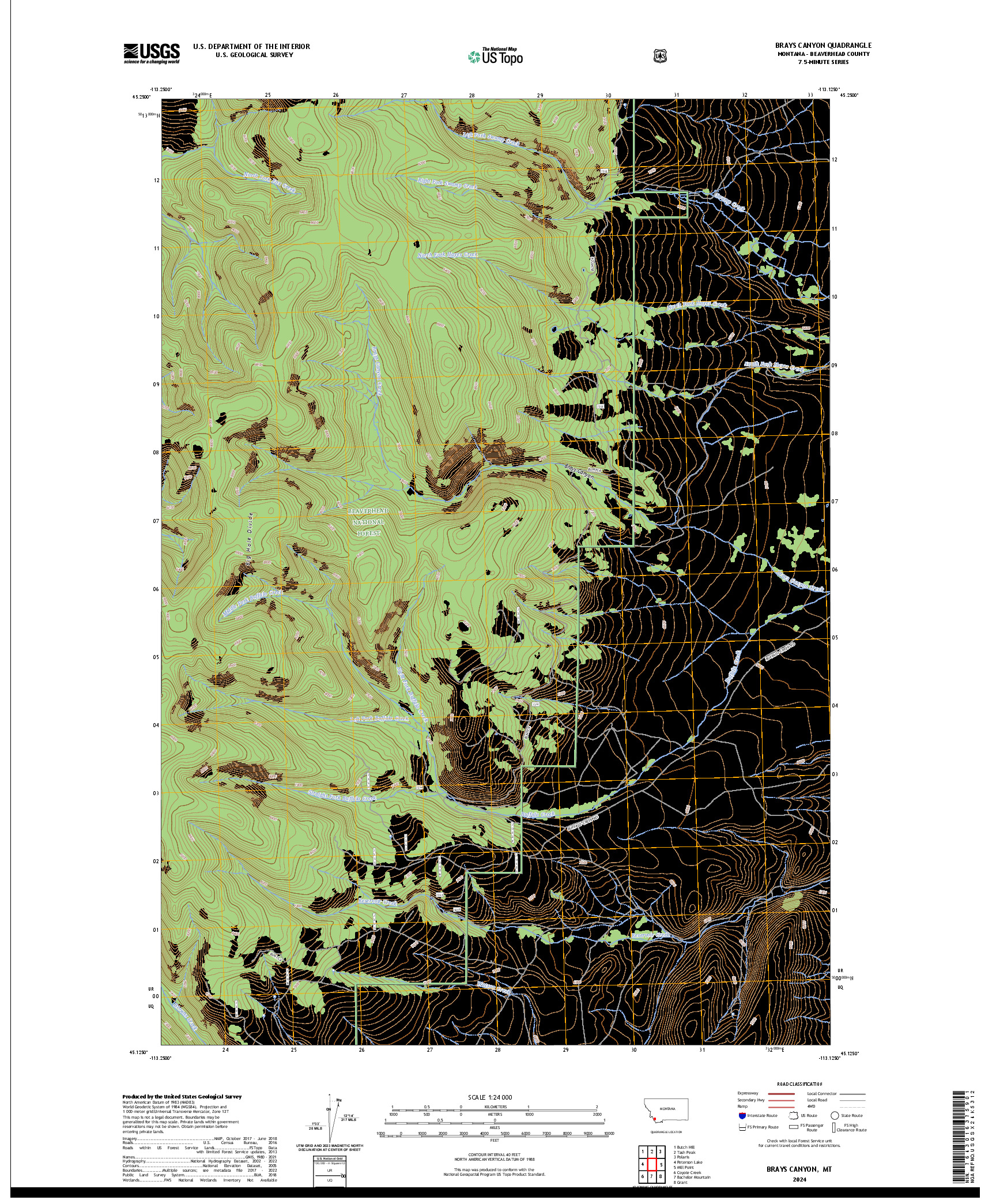 US TOPO 7.5-MINUTE MAP FOR BRAYS CANYON, MT