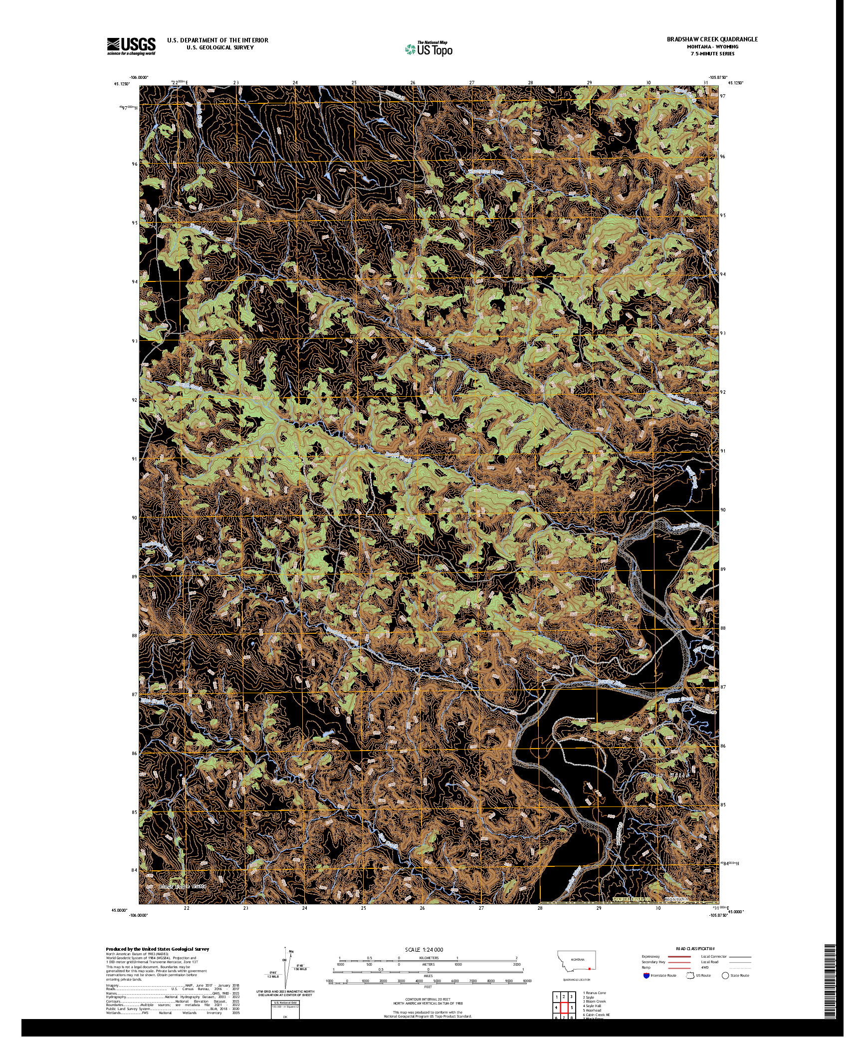 US TOPO 7.5-MINUTE MAP FOR BRADSHAW CREEK, MT,WY