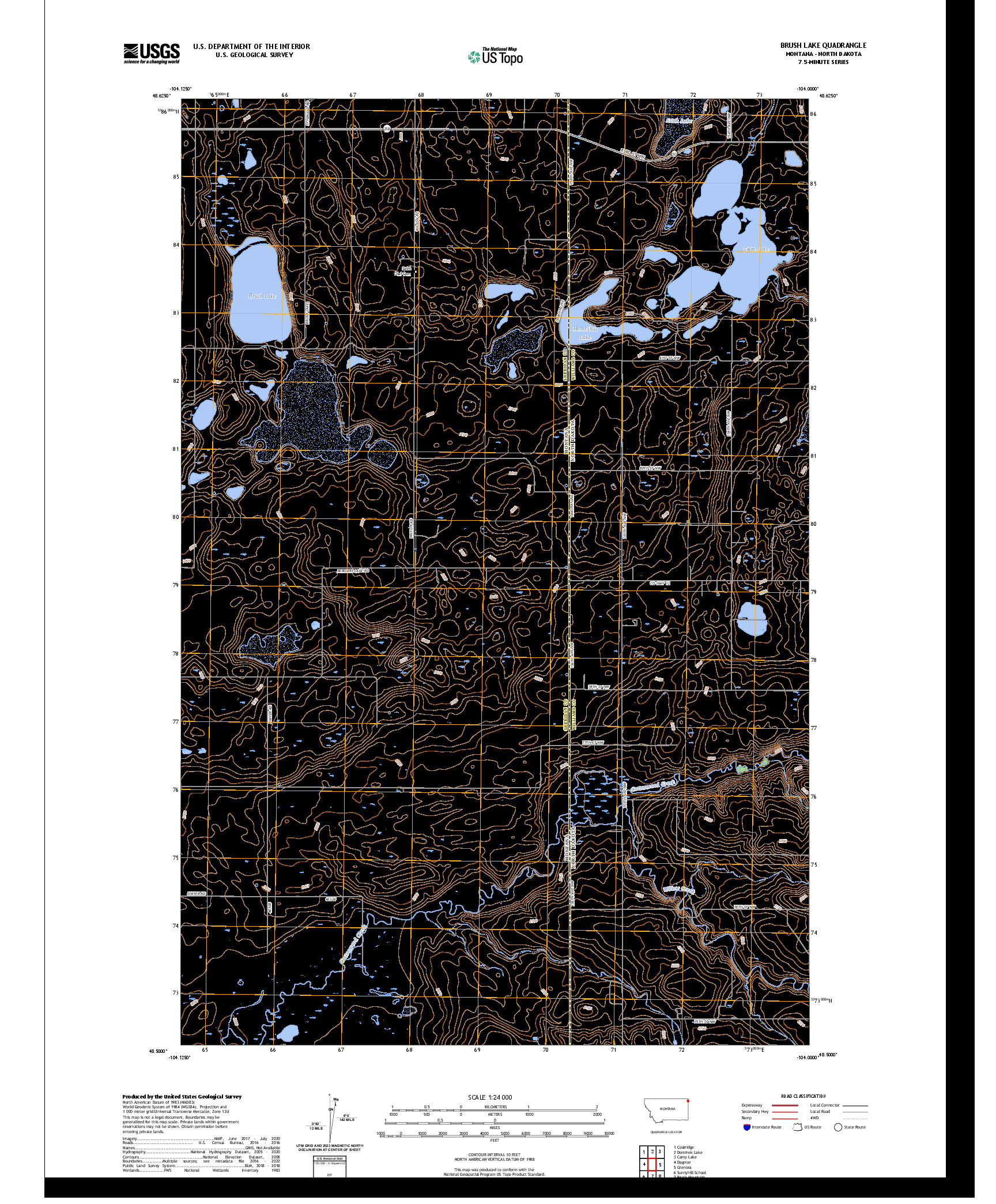 US TOPO 7.5-MINUTE MAP FOR BRUSH LAKE, MT,ND