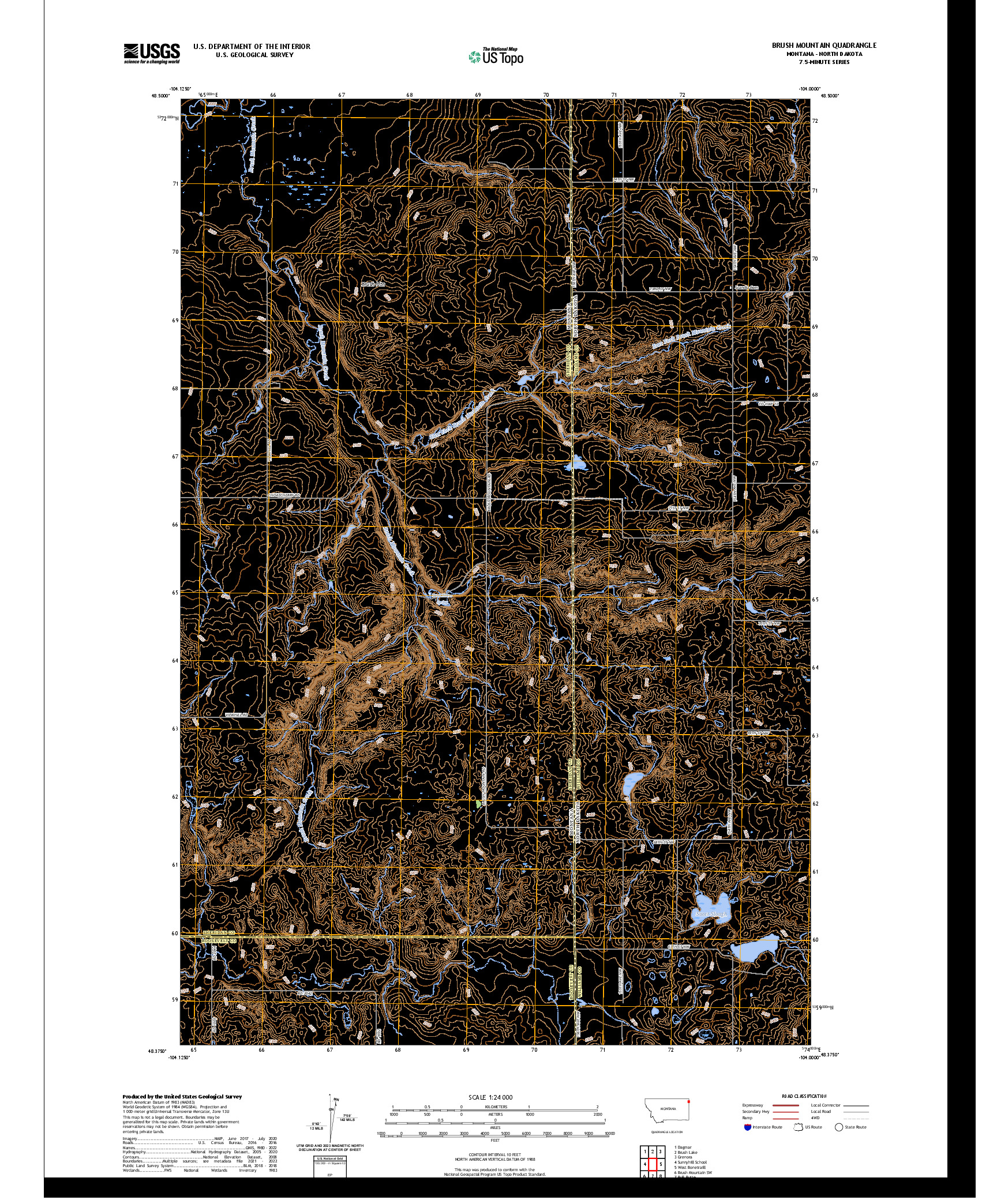 US TOPO 7.5-MINUTE MAP FOR BRUSH MOUNTAIN, MT,ND