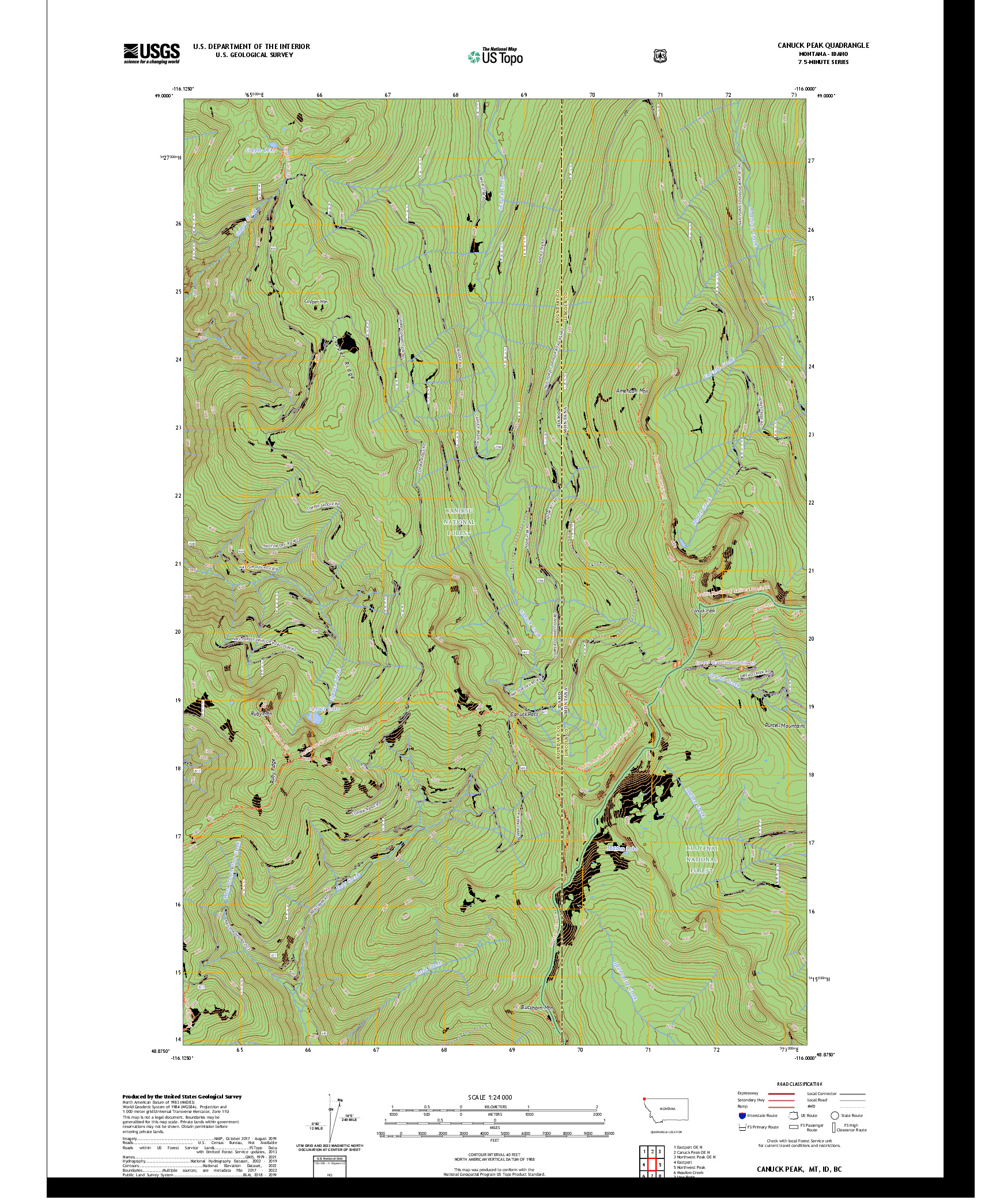 US TOPO 7.5-MINUTE MAP FOR CANUCK PEAK, MT,ID,BC