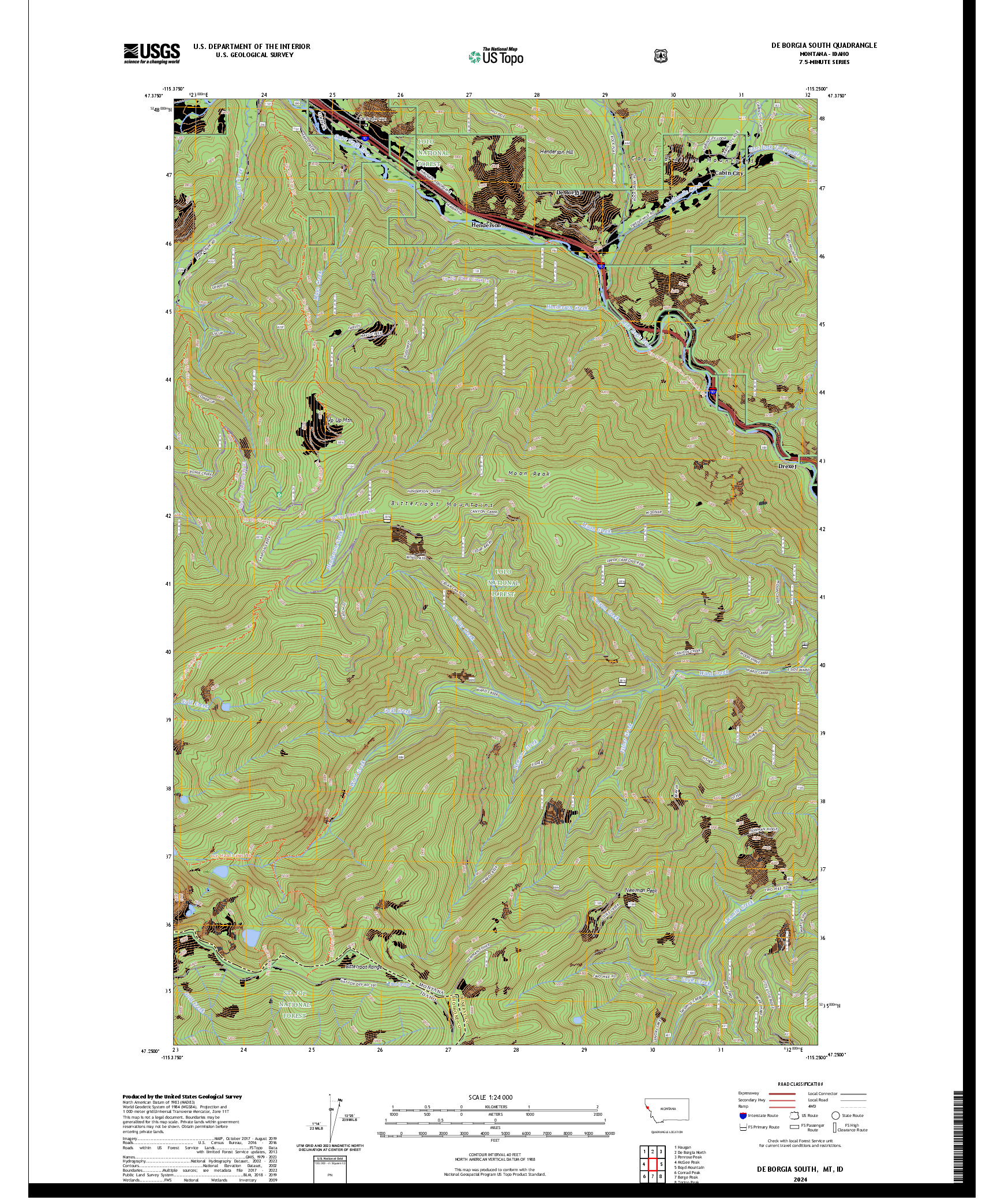 US TOPO 7.5-MINUTE MAP FOR DE BORGIA SOUTH, MT,ID