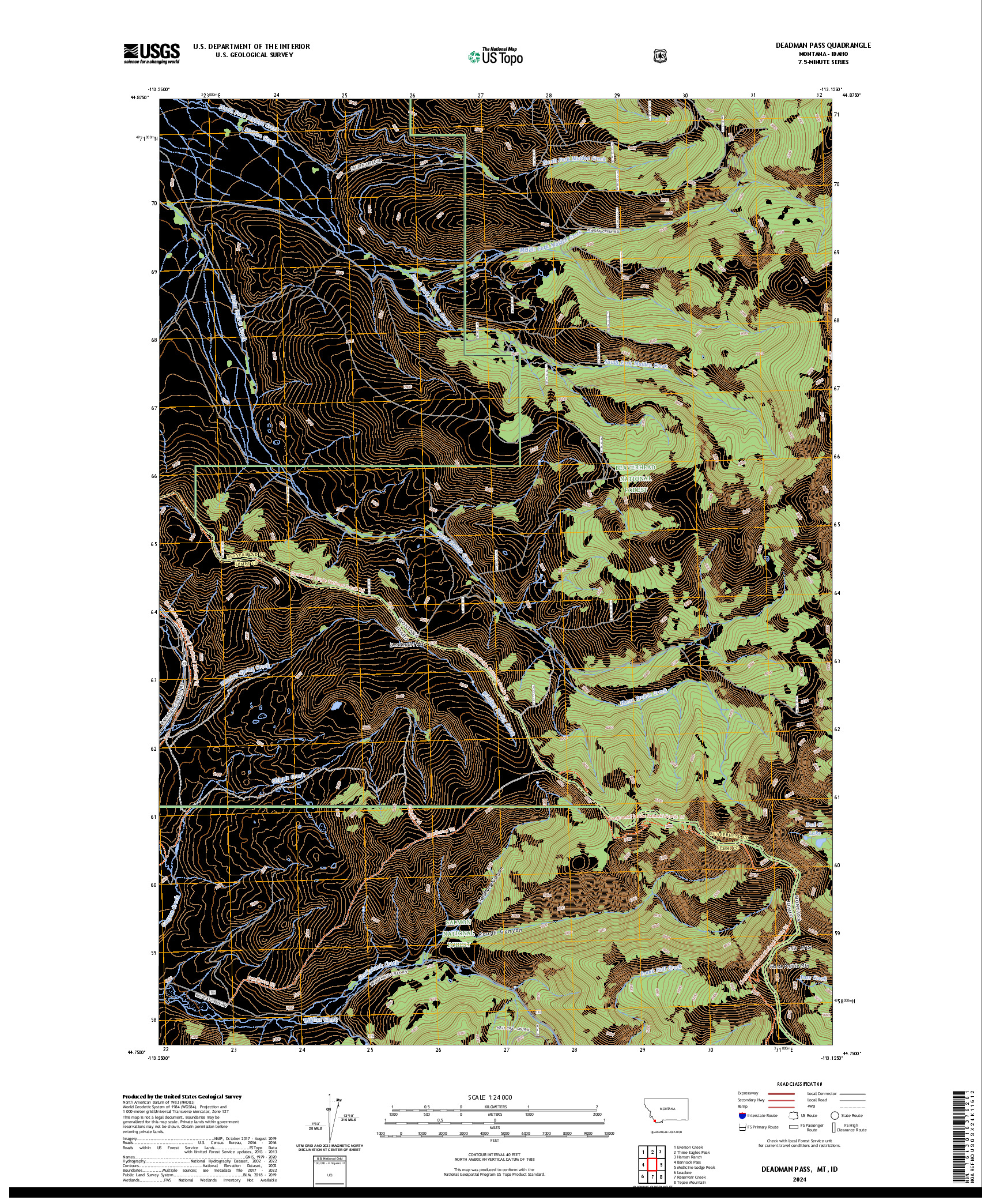 US TOPO 7.5-MINUTE MAP FOR DEADMAN PASS, MT,ID
