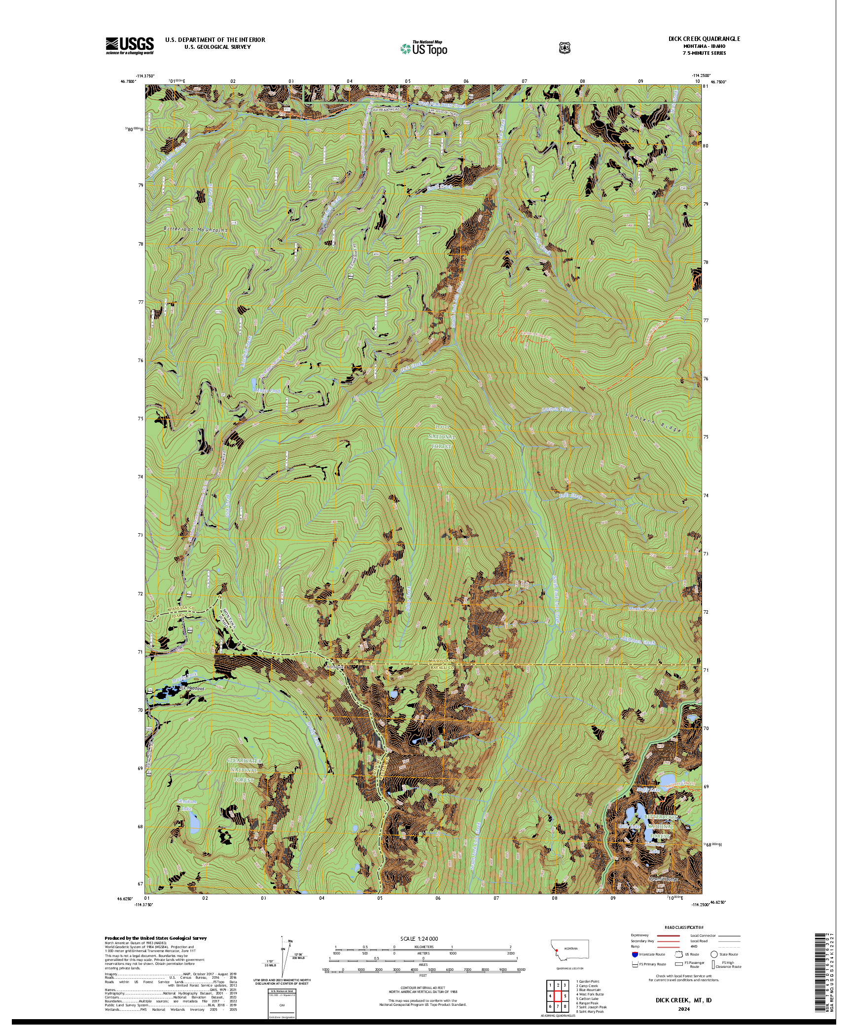 US TOPO 7.5-MINUTE MAP FOR DICK CREEK, MT,ID