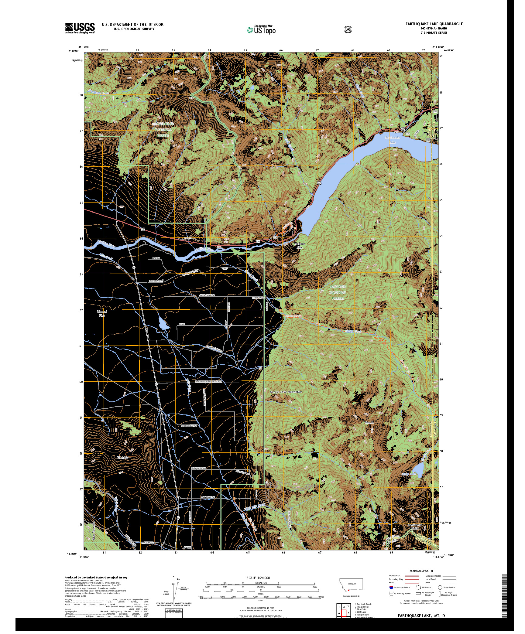 US TOPO 7.5-MINUTE MAP FOR EARTHQUAKE LAKE, MT,ID